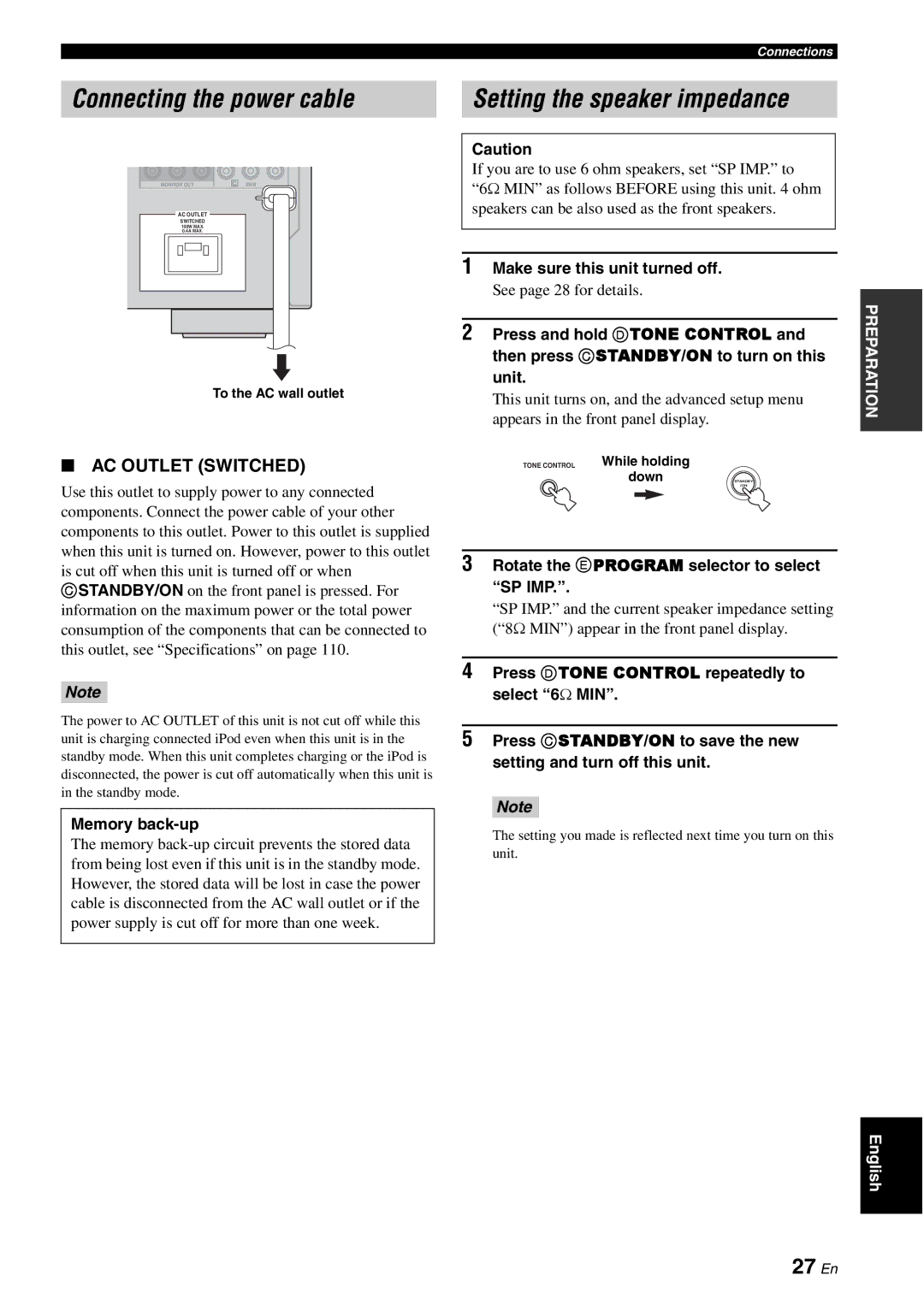 Yamaha DSP-AX863SE owner manual Connecting the power cable, Setting the speaker impedance, 27 En 