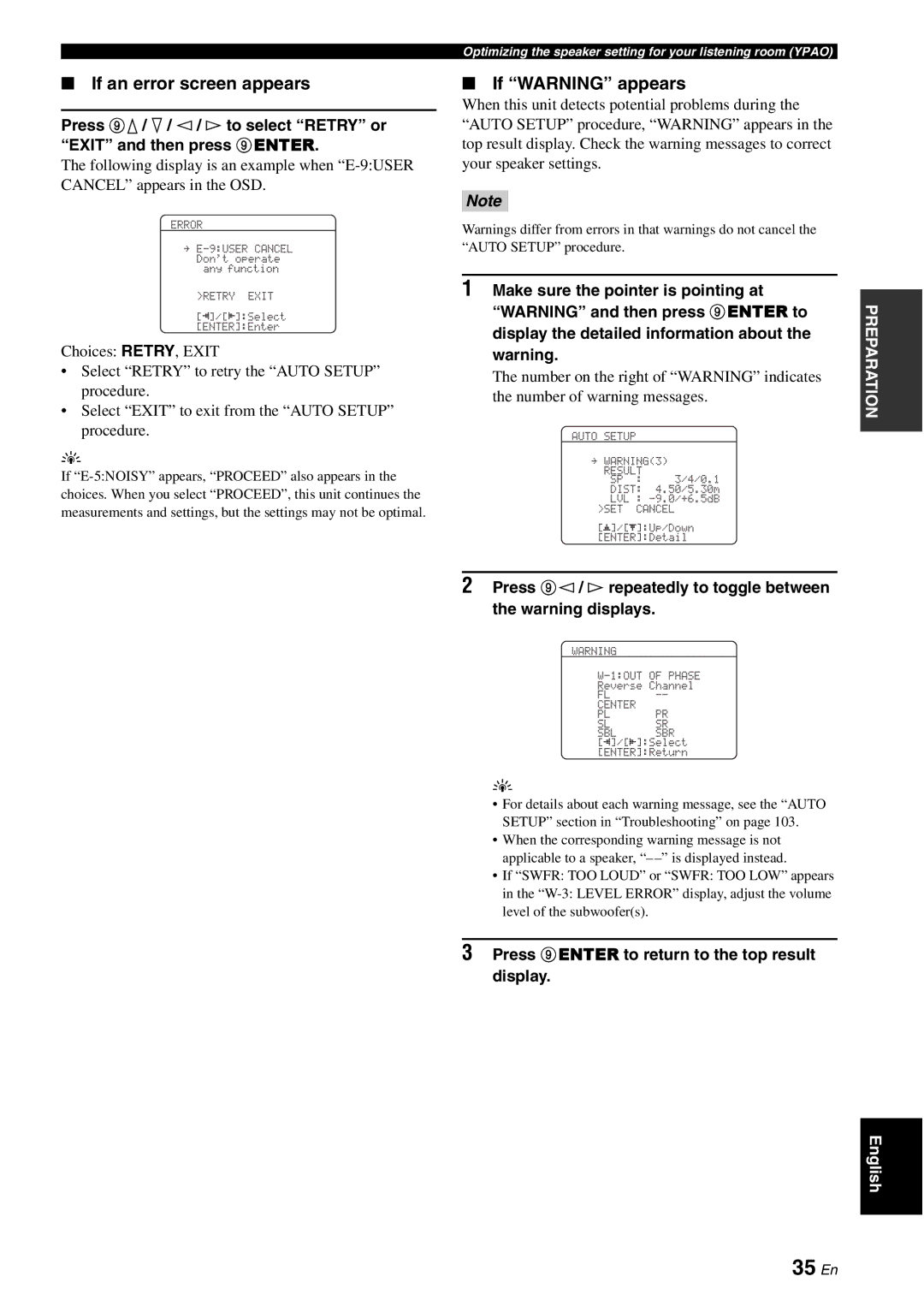 Yamaha DSP-AX863SE owner manual 35 En, If an error screen appears, If Warning appears 