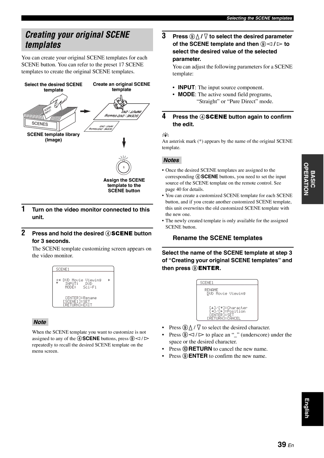 Yamaha DSP-AX863SE owner manual Creating your original Scene templates, 39 En, Rename the Scene templates 