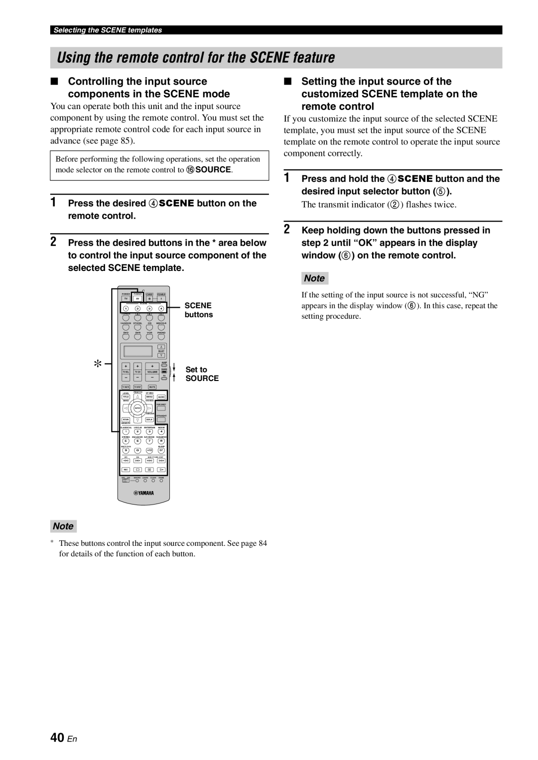 Yamaha DSP-AX863SE owner manual Using the remote control for the Scene feature, 40 En, Transmit indicator 2 flashes twice 