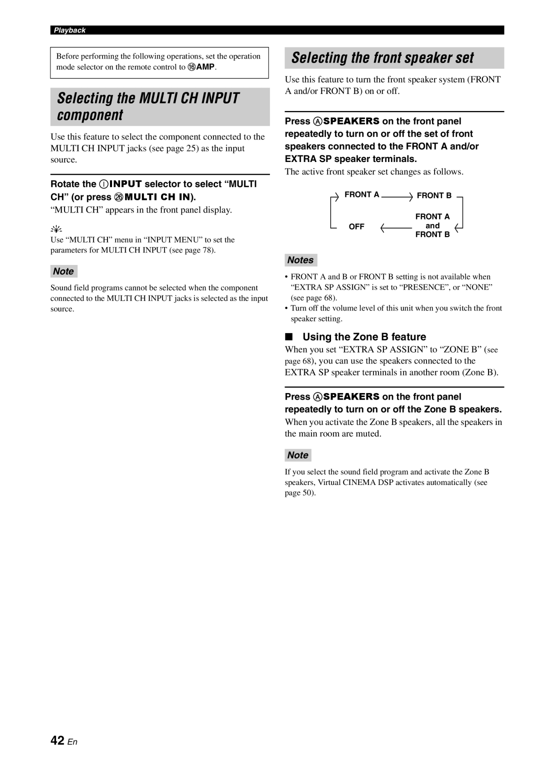 Yamaha DSP-AX863SE owner manual Selecting the Multi CH Input component, Selecting the front speaker set, 42 En 