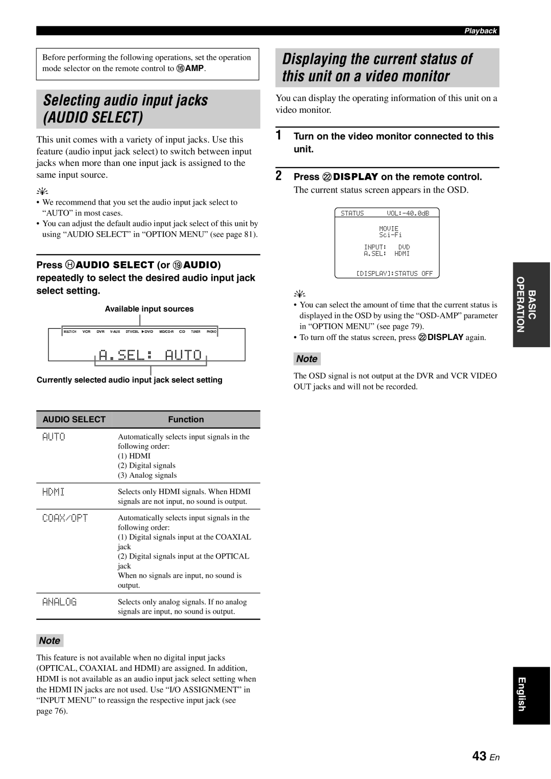 Yamaha DSP-AX863SE owner manual Selecting audio input jacks, 43 En 