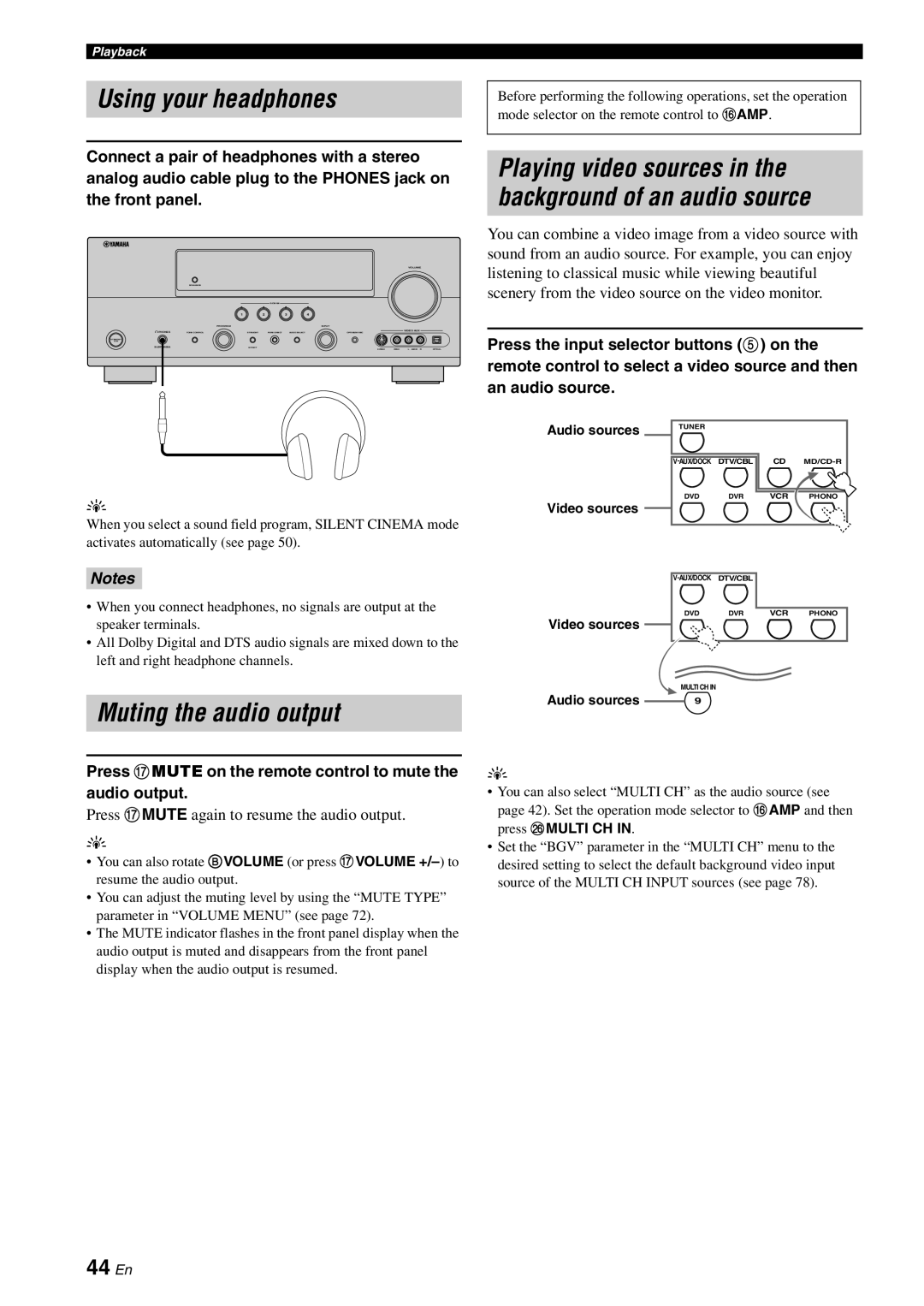 Yamaha DSP-AX863SE Using your headphones, Muting the audio output, 44 En, Press Gmute again to resume the audio output 