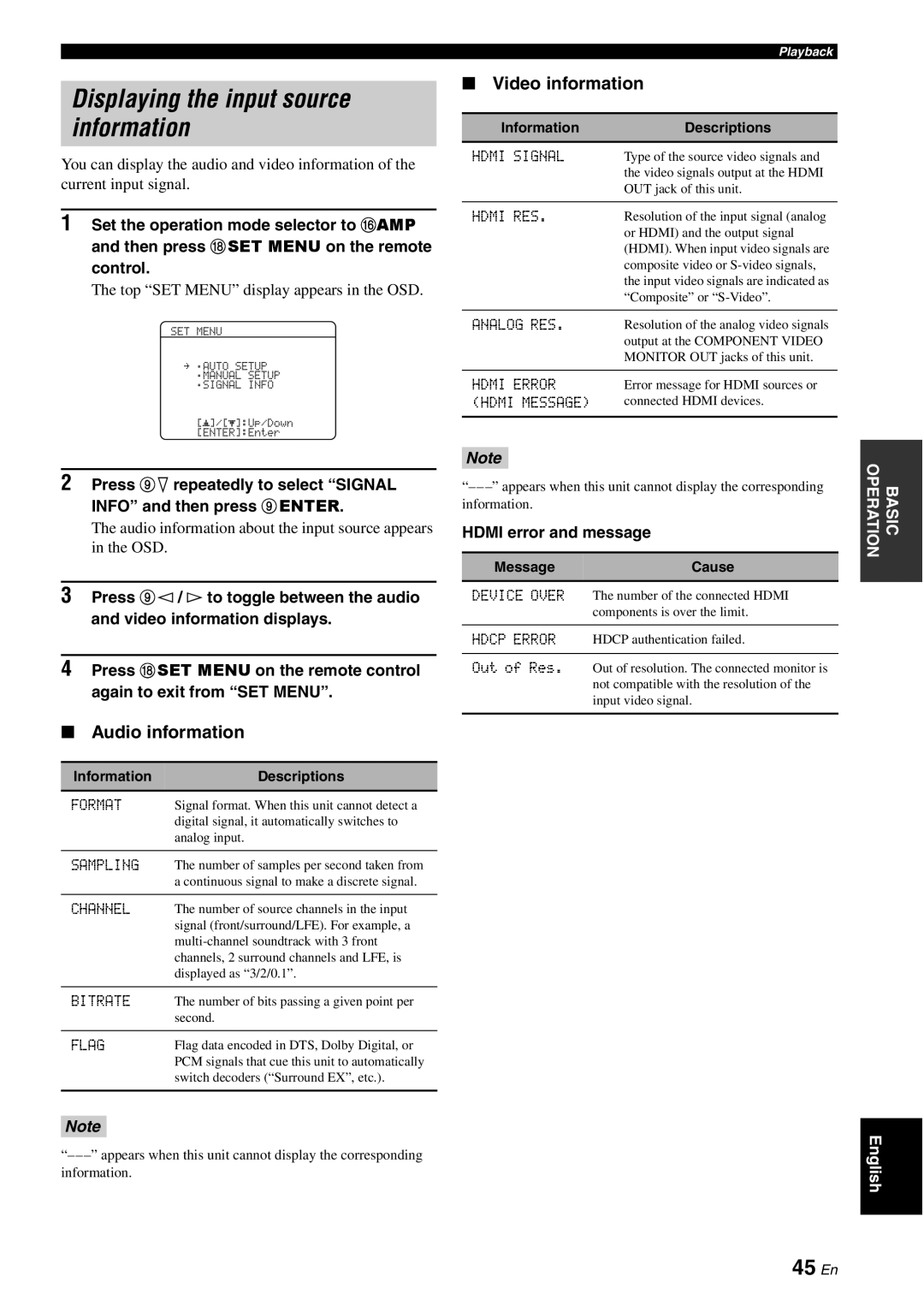 Yamaha DSP-AX863SE owner manual Displaying the input source information, 45 En, Audio information, Video information 