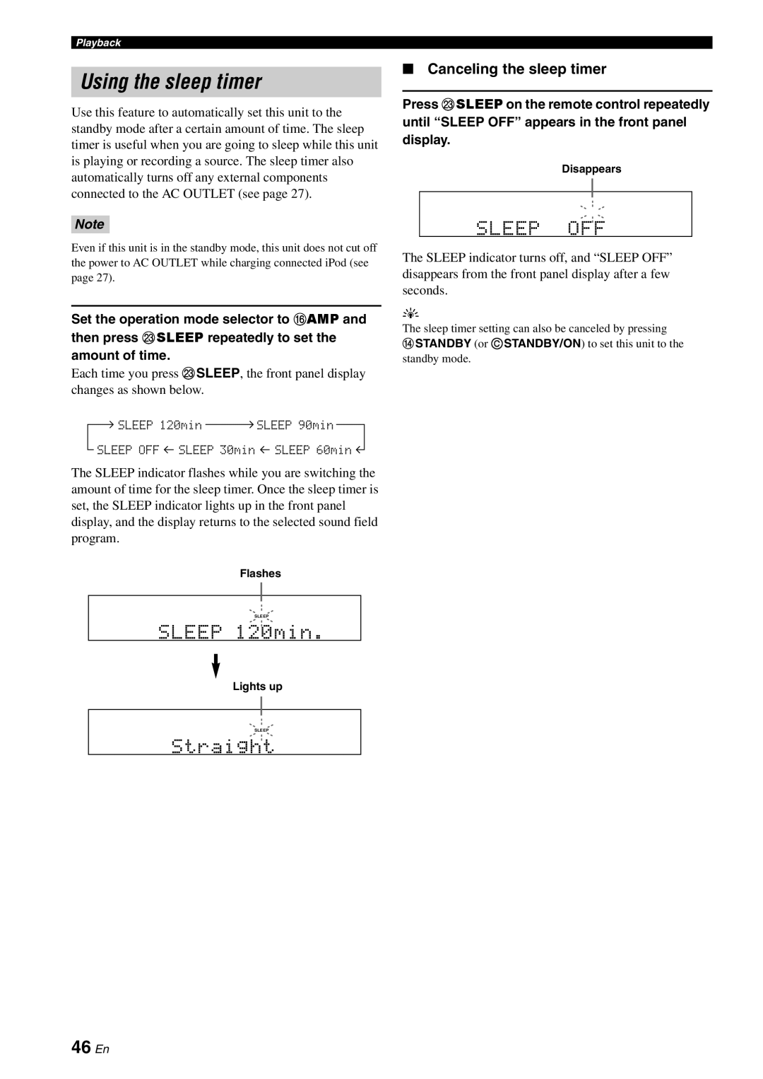 Yamaha DSP-AX863SE owner manual Using the sleep timer, 46 En, Canceling the sleep timer, Lights up, Disappears 