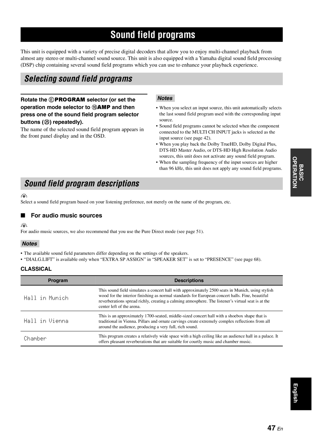 Yamaha DSP-AX863SE owner manual Sound field programs, Sound field program descriptions, 47 En, For audio music sources 