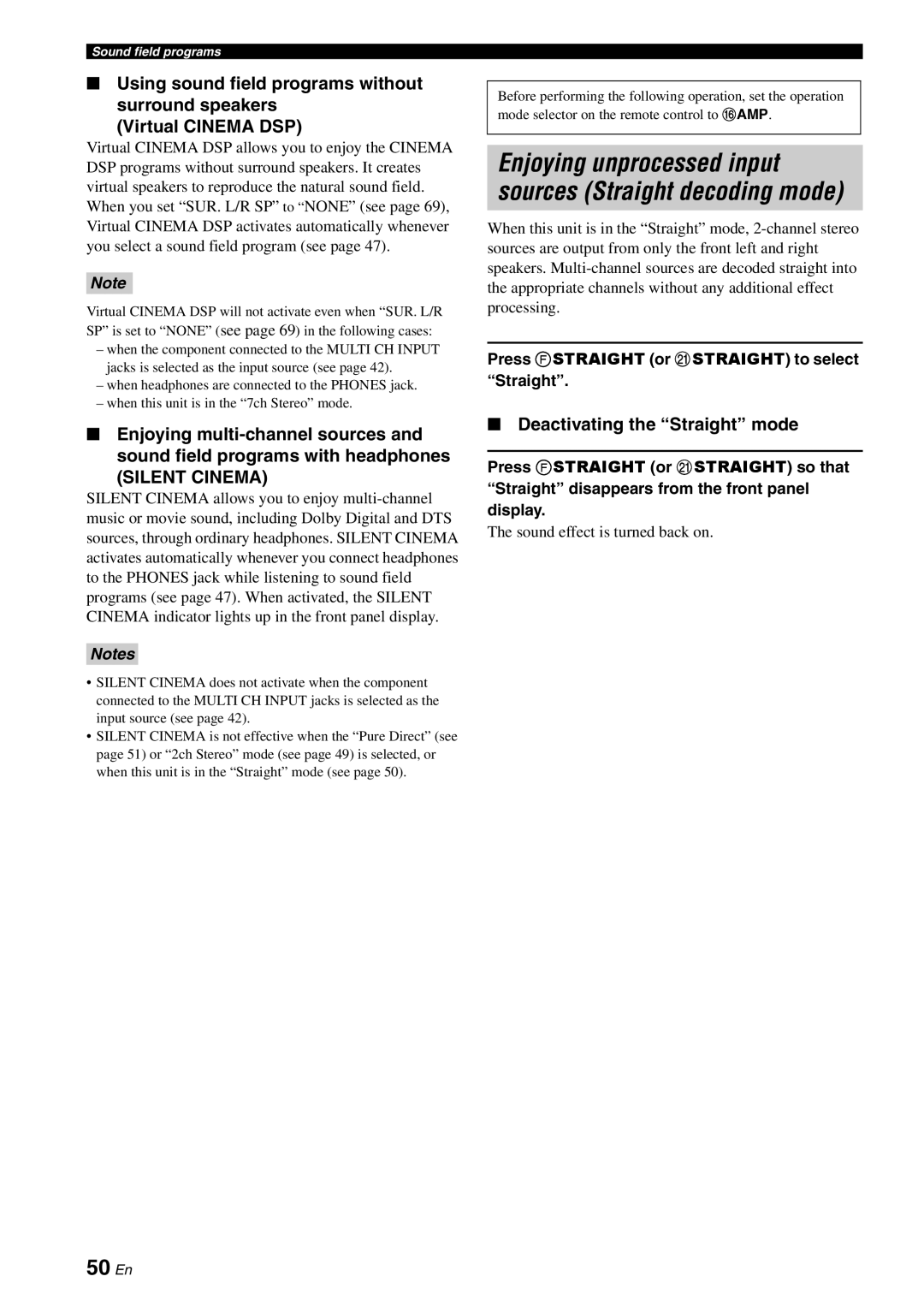 Yamaha DSP-AX863SE owner manual 50 En, Deactivating the Straight mode, Press Fstraight or Kstraight to select Straight 