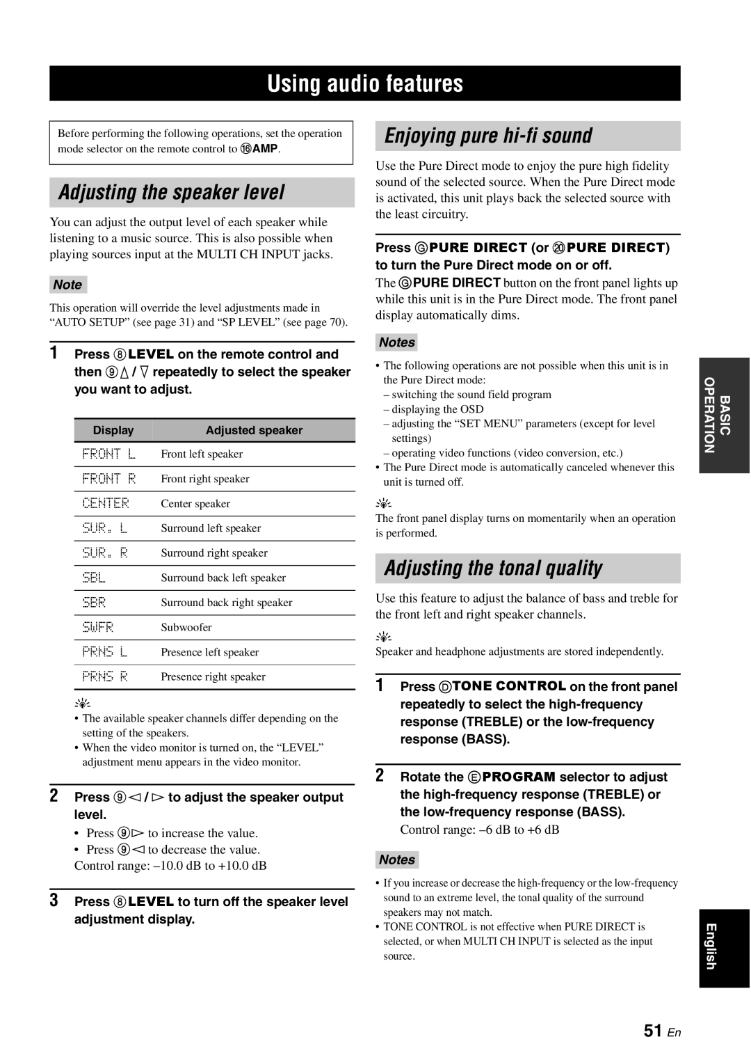 Yamaha DSP-AX863SE owner manual Using audio features, Adjusting the speaker level, Enjoying pure hi-fi sound, 51 En 