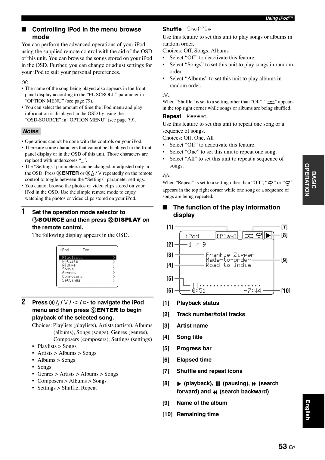 Yamaha DSP-AX863SE owner manual 53 En, Controlling iPod in the menu browse Mode, Function of the play information display 