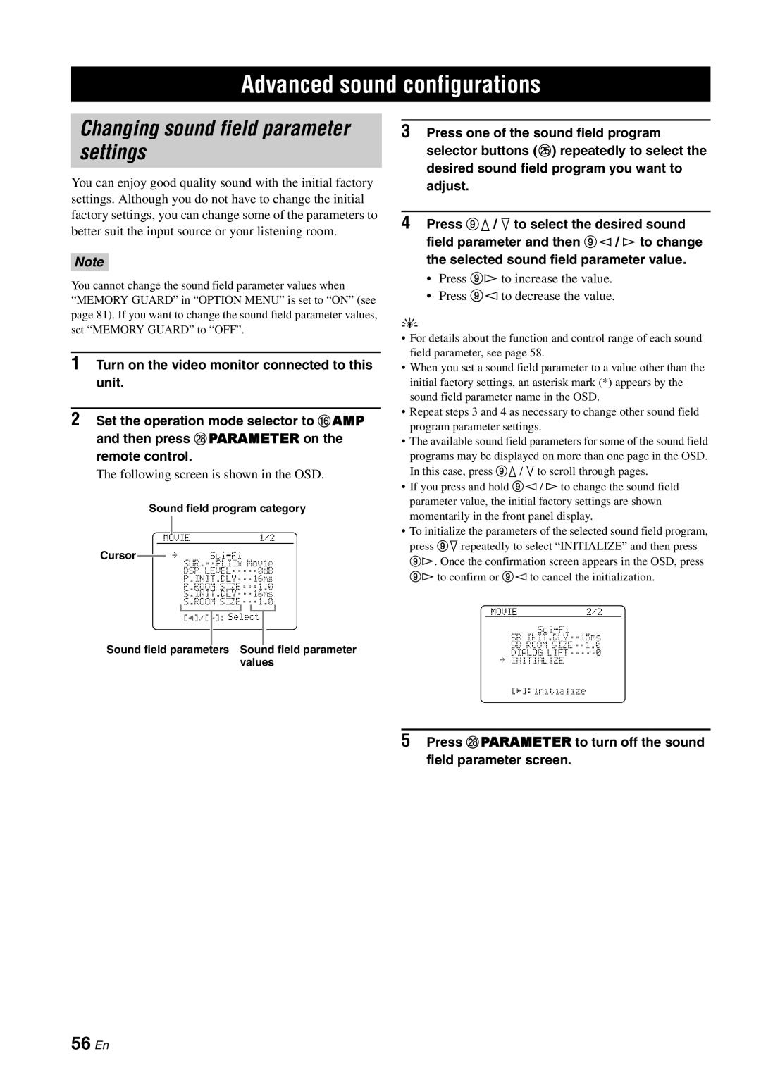 Yamaha DSP-AX863SE owner manual Advanced sound configurations, Changing sound field parameter settings, 56 En 