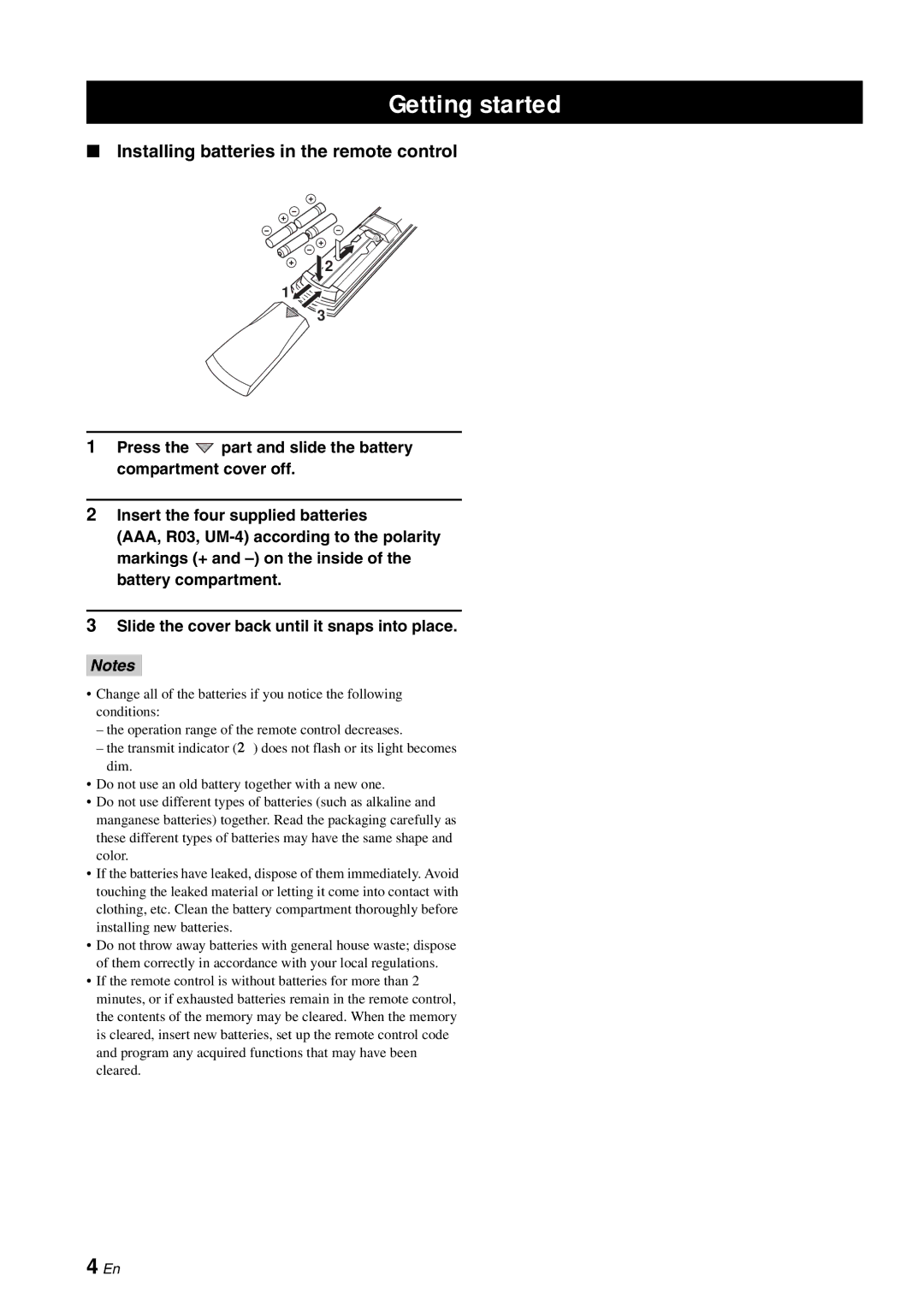 Yamaha DSP-AX863SE owner manual Getting started, Installing batteries in the remote control 