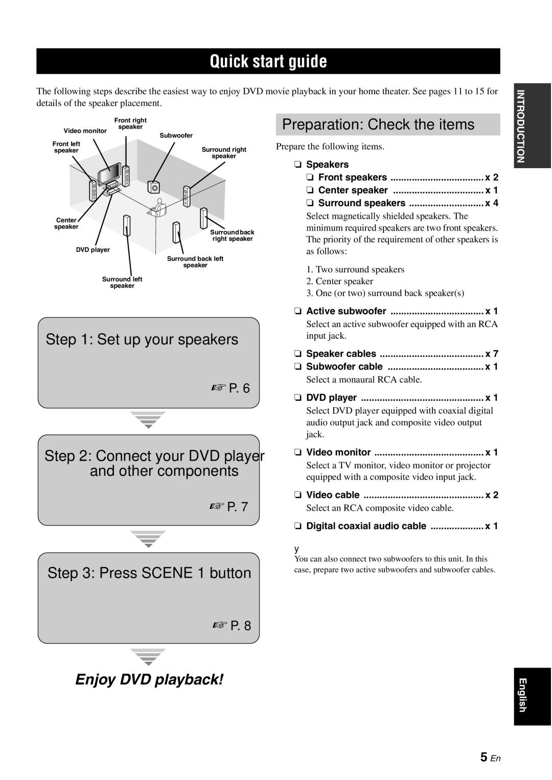 Yamaha DSP-AX863SE owner manual Quick start guide, Preparation Check the items, Set up your speakers, Press Scene 1 button 