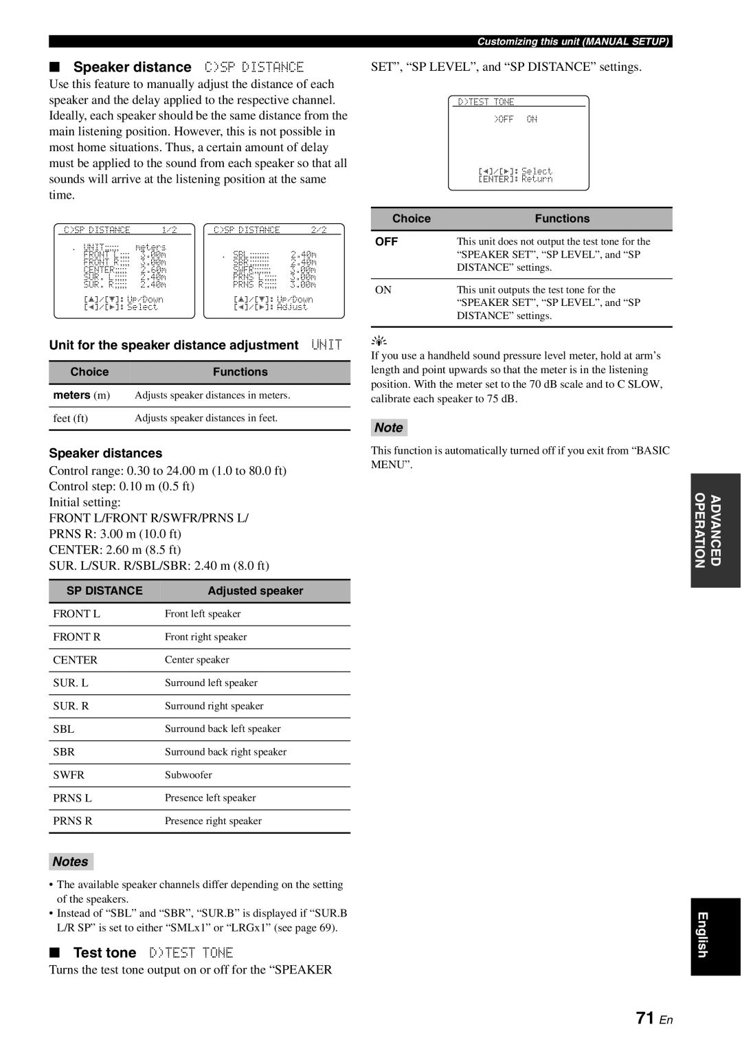 Yamaha DSP-AX863SE 71 En, Speaker distance CSP Distance, Unit for the speaker distance adjustment Unit, Speaker distances 