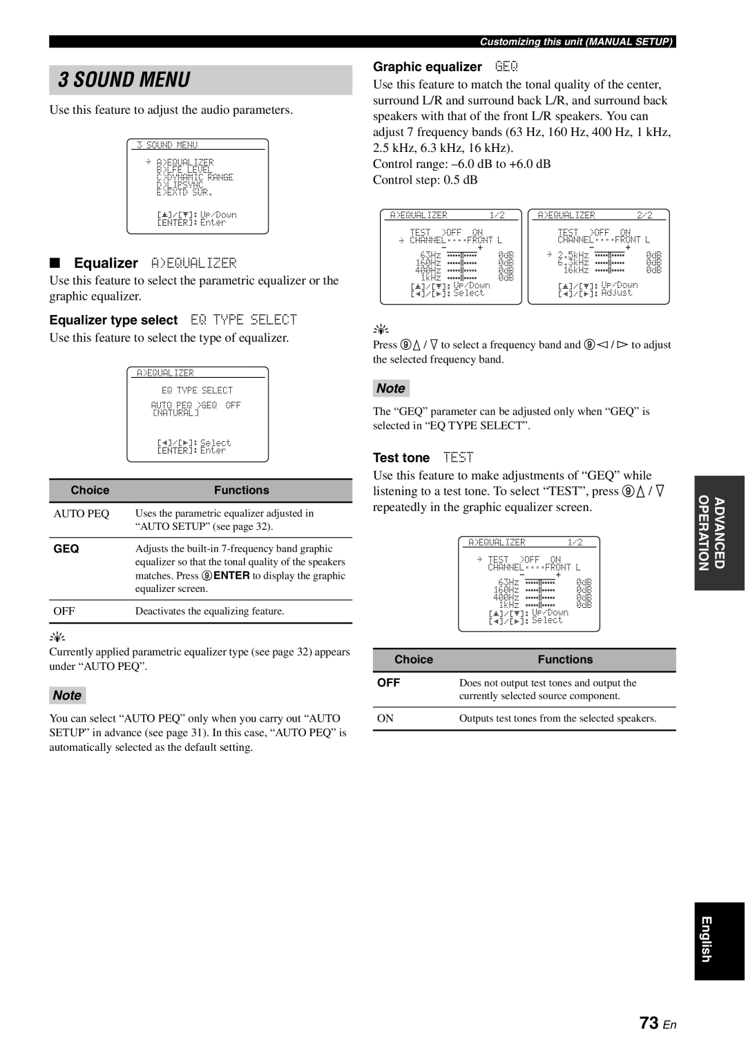 Yamaha DSP-AX863SE owner manual 73 En, Equalizer Aequalizer, Equalizer type select EQ Type Select, Graphic equalizer GEQ 