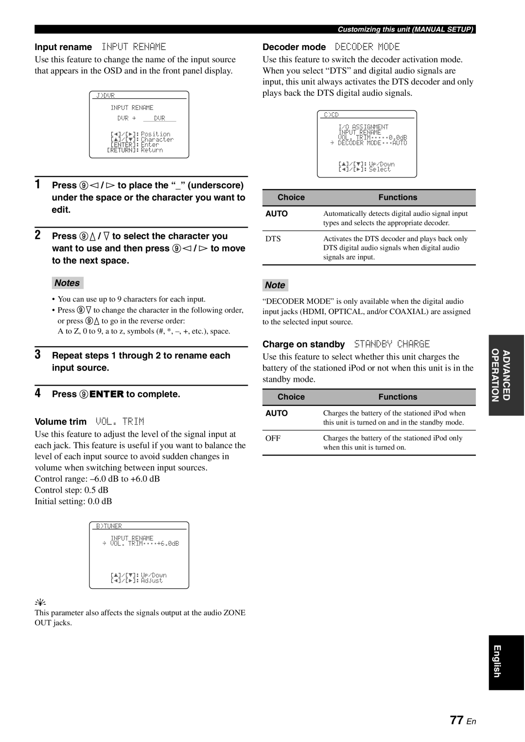 Yamaha DSP-AX863SE 77 En, Input rename Input Rename, Decoder mode Decoder Mode, Charge on standby Standby Charge 