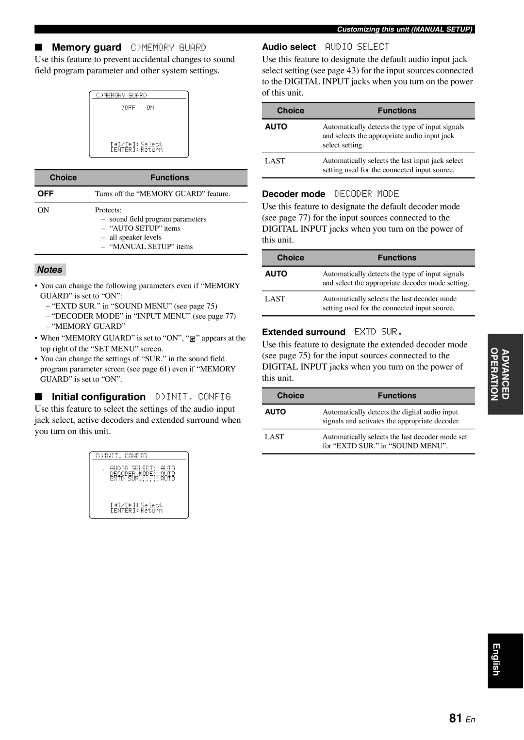 Yamaha DSP-AX863SE 81 En, Initial configuration DINIT. Config, Memory guard Cmemory Guard, Audio select Audio Select 