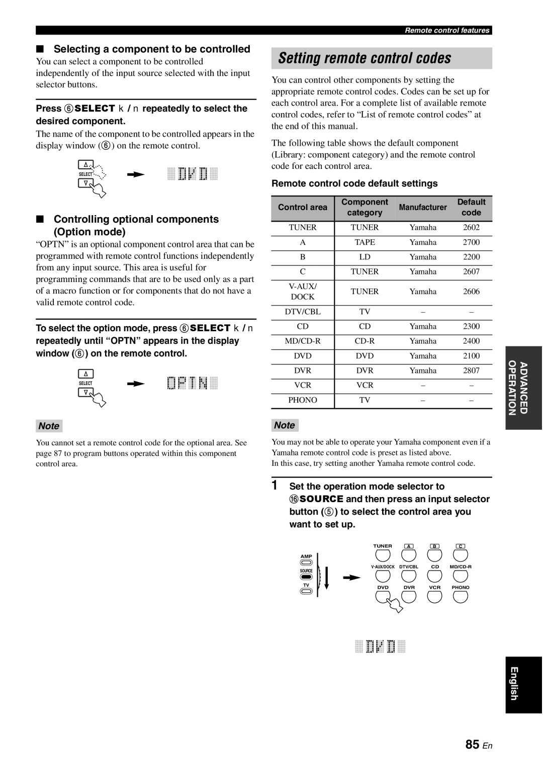 Yamaha DSP-AX863SE owner manual Setting remote control codes, 85 En, Selecting a component to be controlled 