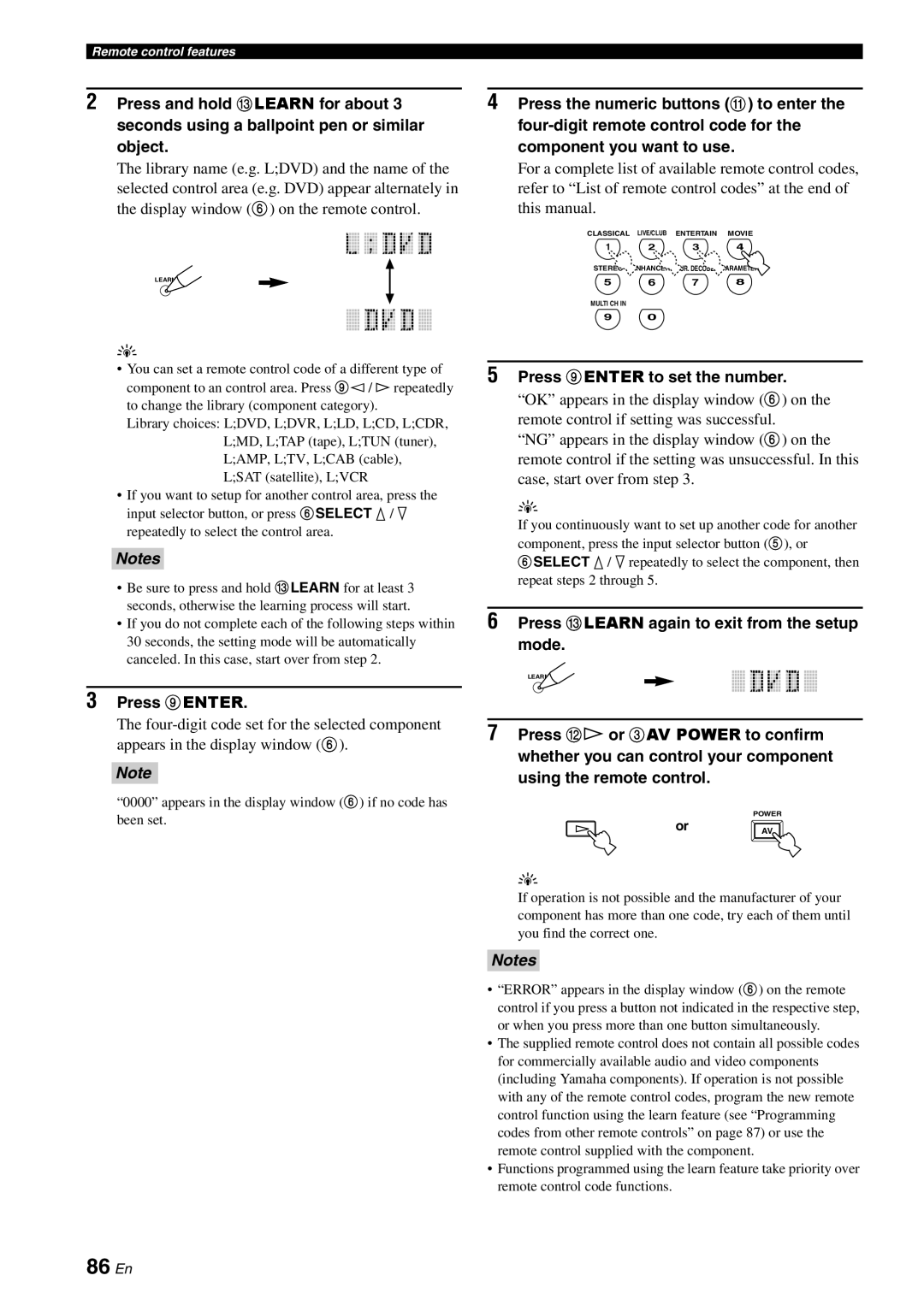 Yamaha DSP-AX863SE owner manual 86 En, Press 9ENTER to set the number, Press Clearn again to exit from the setup mode 