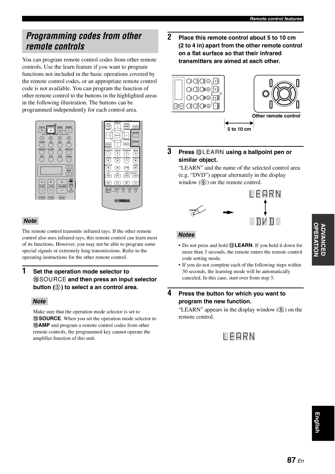 Yamaha DSP-AX863SE owner manual Programming codes from other remote controls, 87 En 