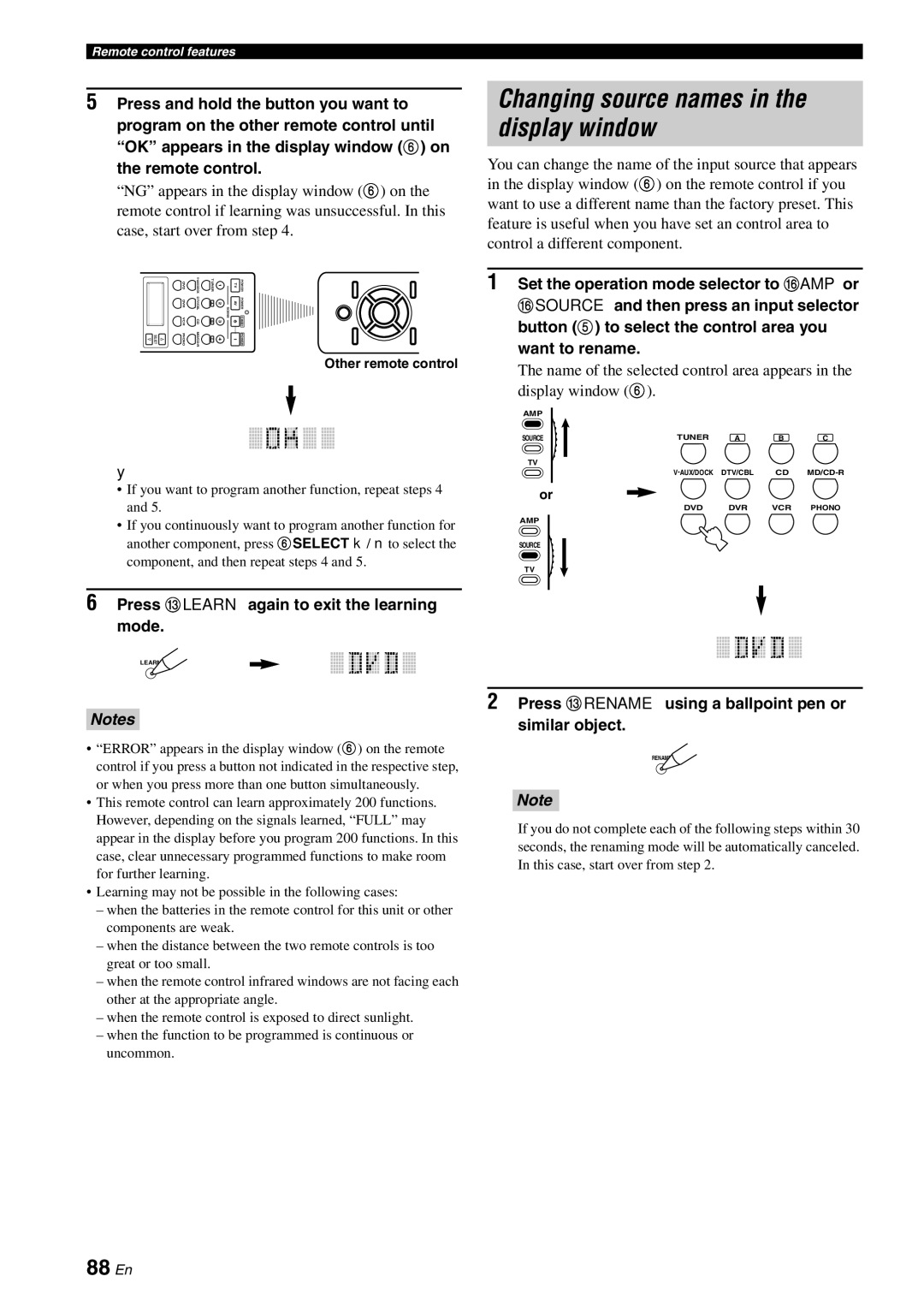 Yamaha DSP-AX863SE Changing source names in the display window, 88 En, Press Clearn again to exit the learning mode 