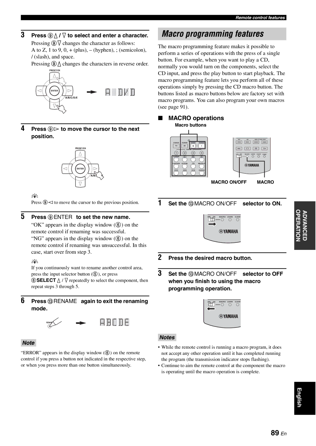 Yamaha DSP-AX863SE owner manual Macro programming features, 89 En, Macro operations 