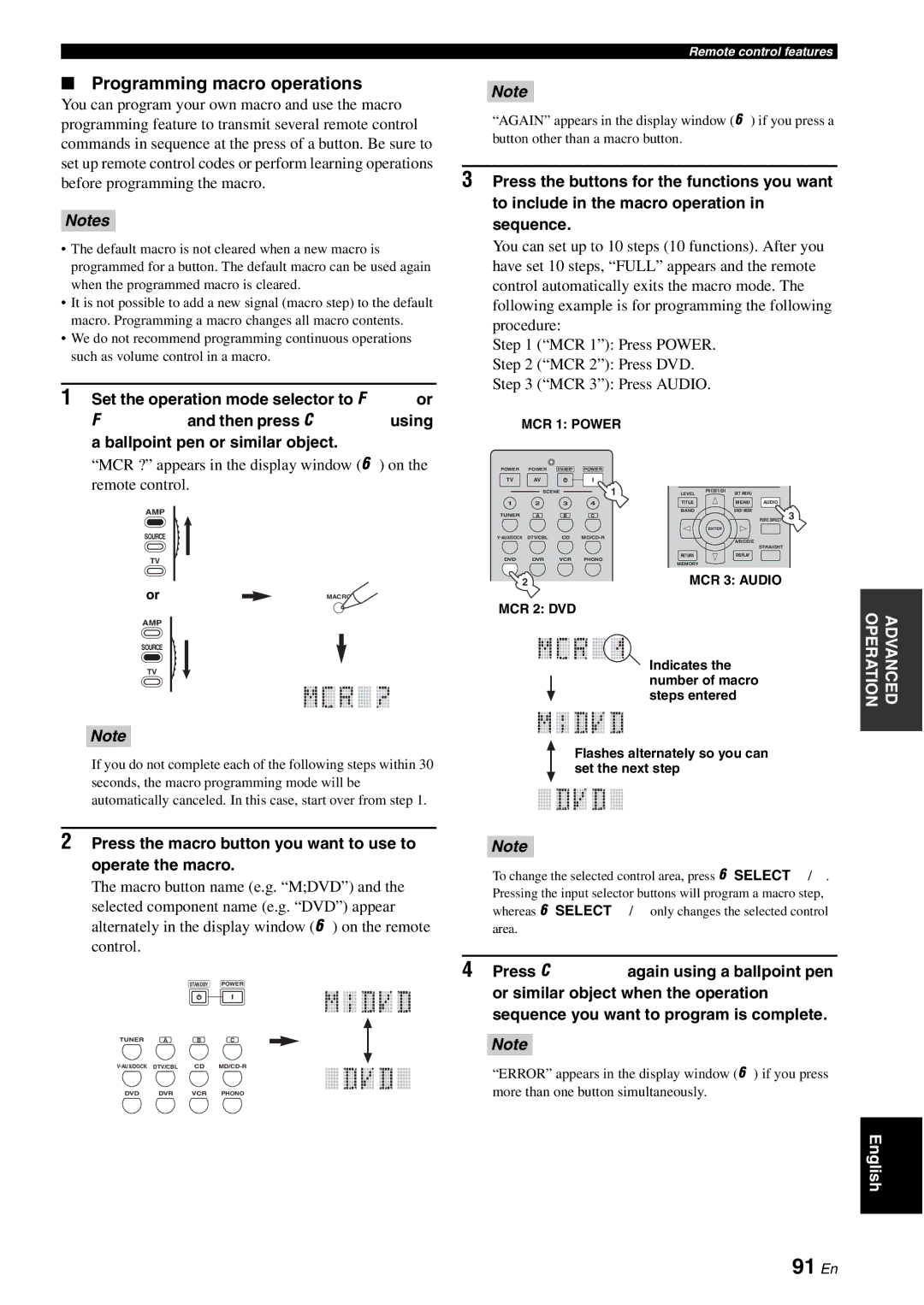 Yamaha DSP-AX863SE owner manual 91 En, Press the macro button you want to use to Operate the macro 