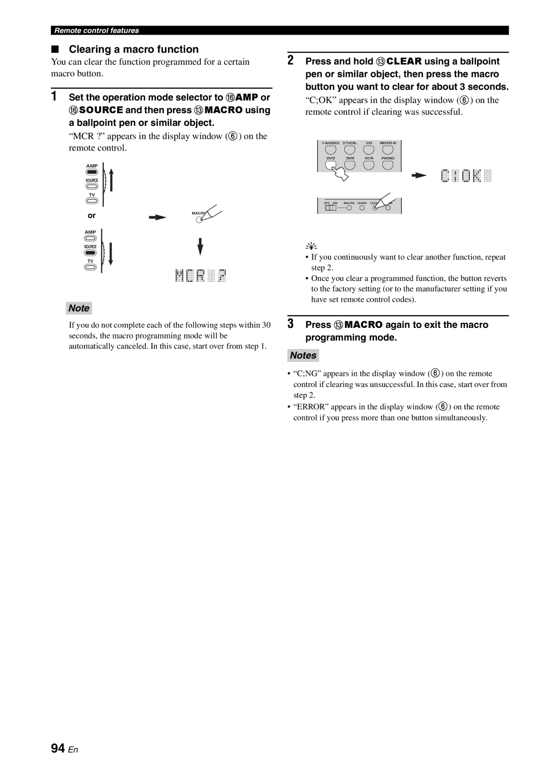 Yamaha DSP-AX863SE owner manual 94 En, Clearing a macro function, Press Cmacro again to exit the macro programming mode 