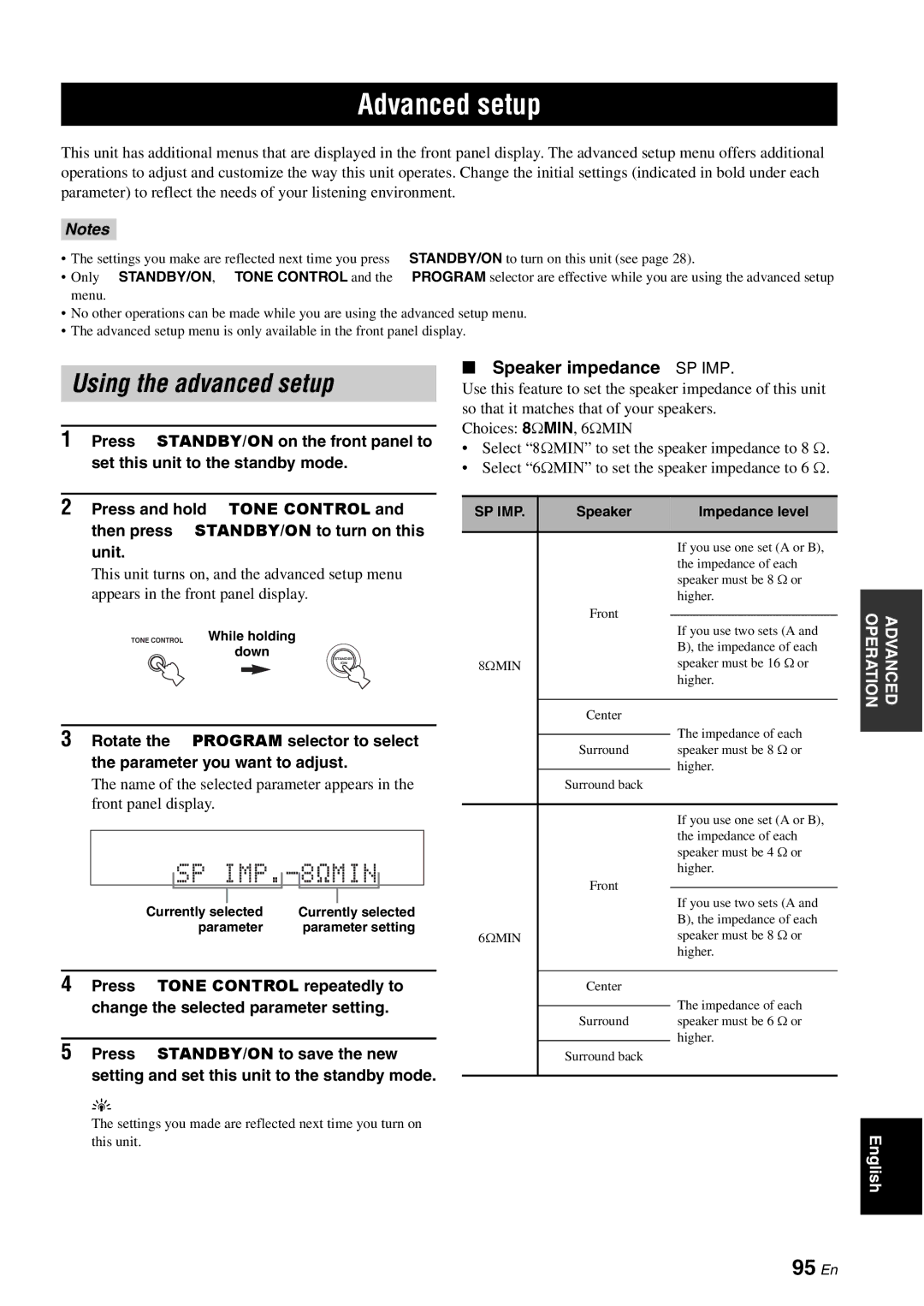 Yamaha DSP-AX863SE owner manual Advanced setup, Using the advanced setup, 95 En, Speaker impedance SP IMP, Sp Imp 