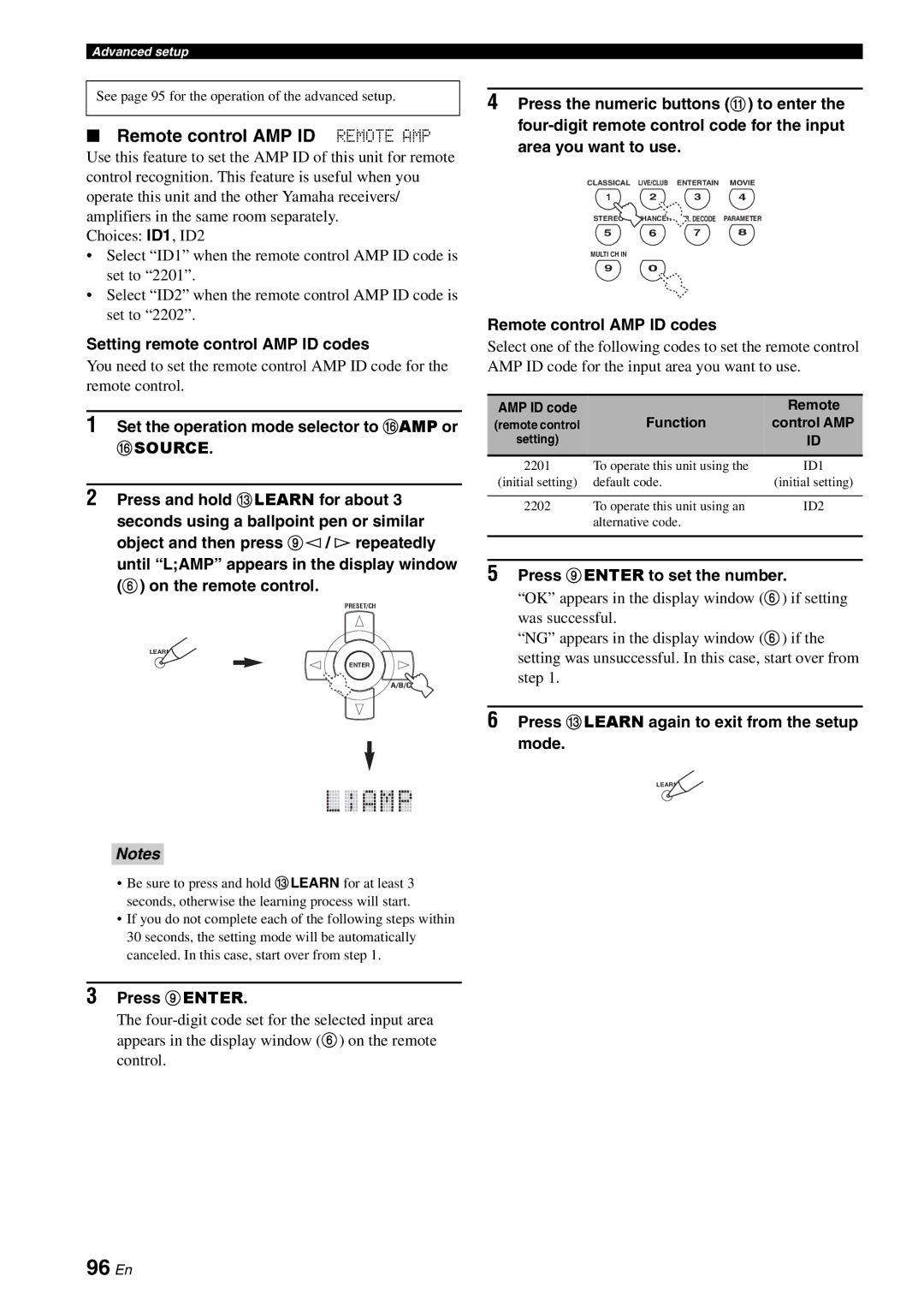 Yamaha DSP-AX863SE owner manual 96 En, Remote control AMP ID Remote AMP, Setting remote control AMP ID codes 