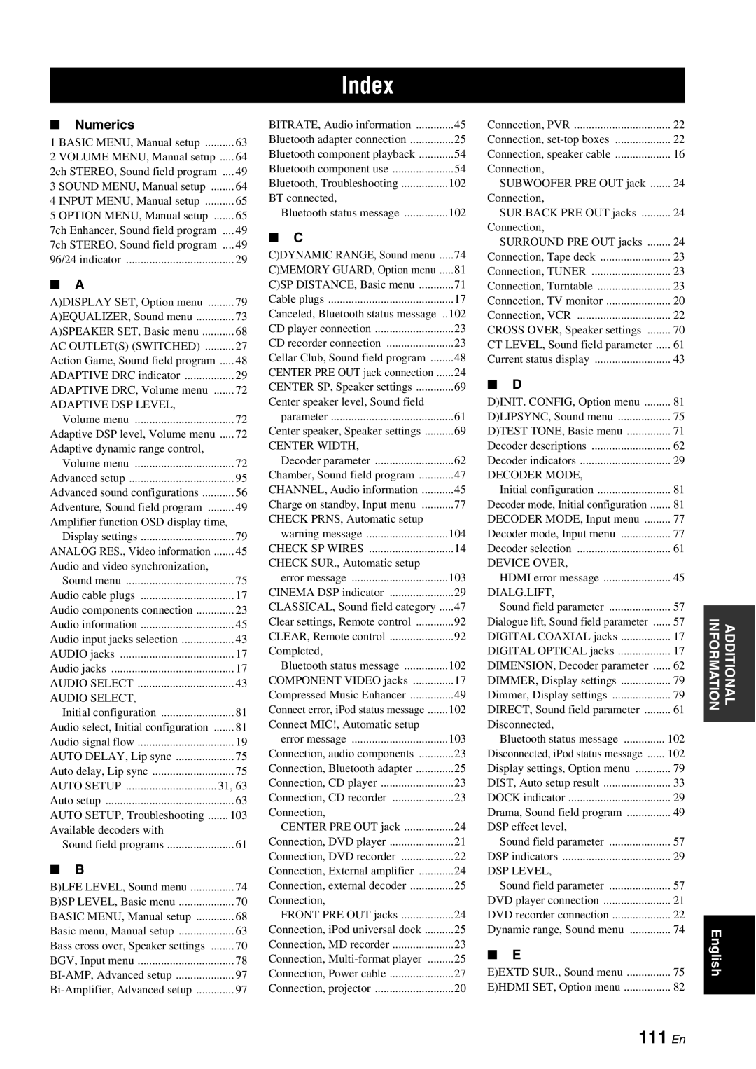 Yamaha DSP-AX863SE owner manual Index, 111 En, Numerics 