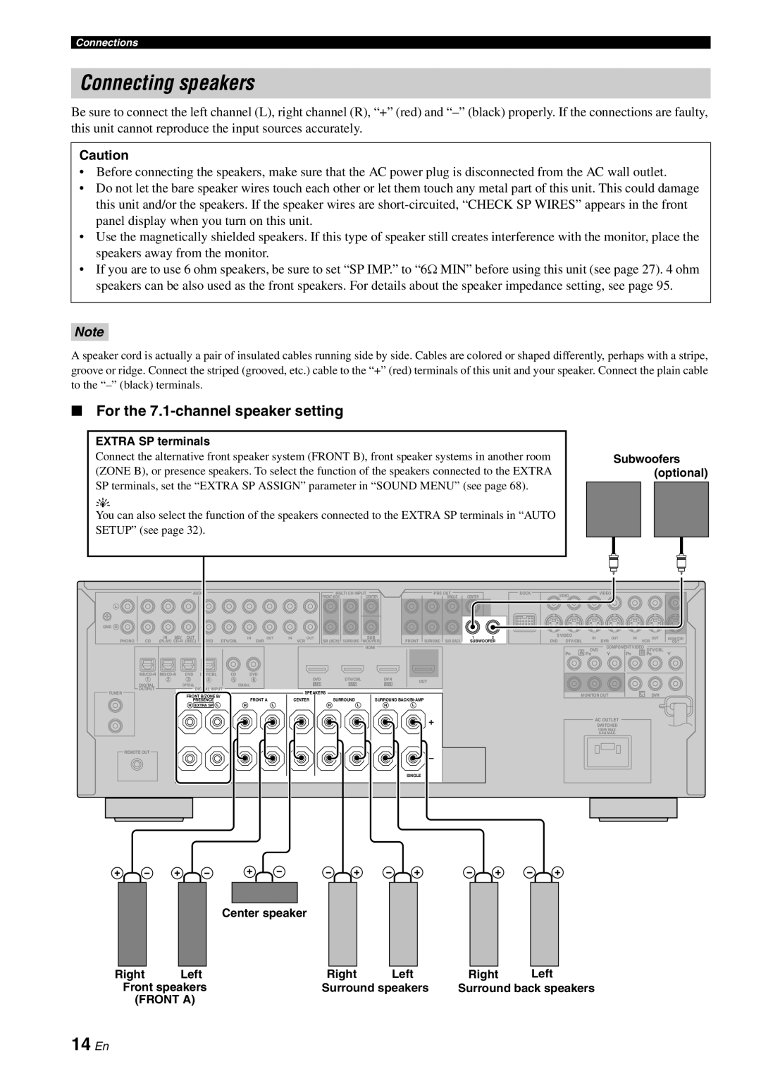 Yamaha DSP-AX863SE owner manual Connecting speakers, 14 En, For the 7.1-channelspeaker setting 