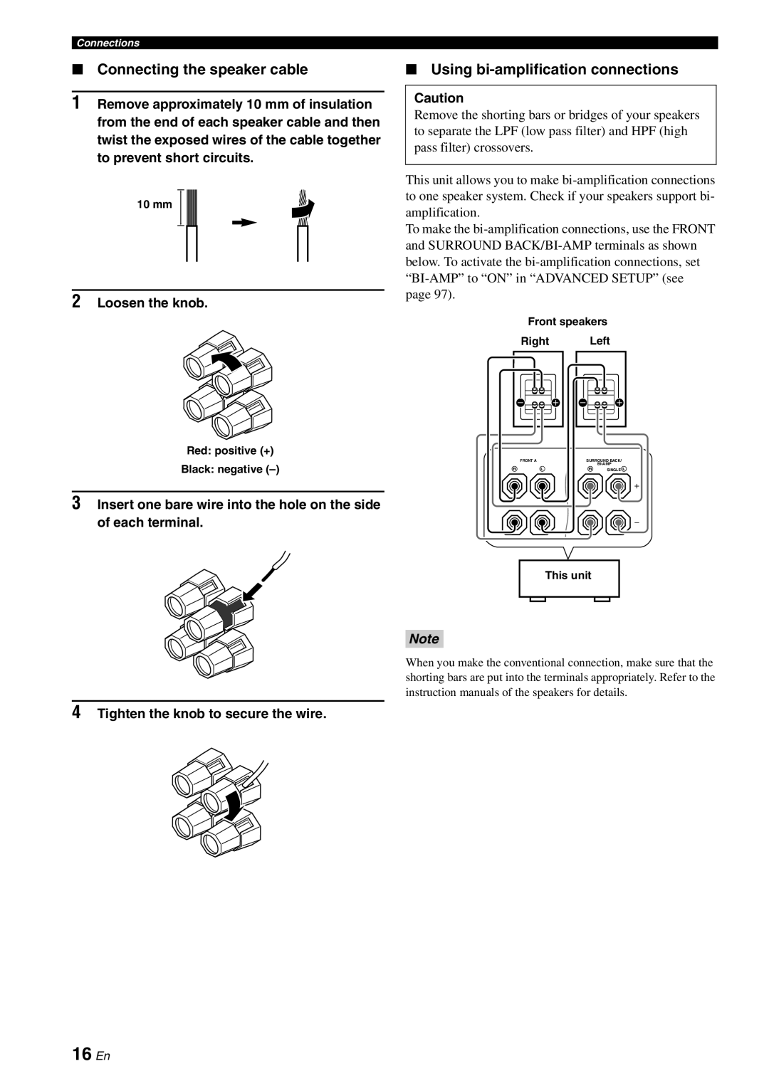 Yamaha DSP-AX863SE owner manual 16 En, Connecting the speaker cable, Using bi-amplificationconnections, 2Loosen the knob 