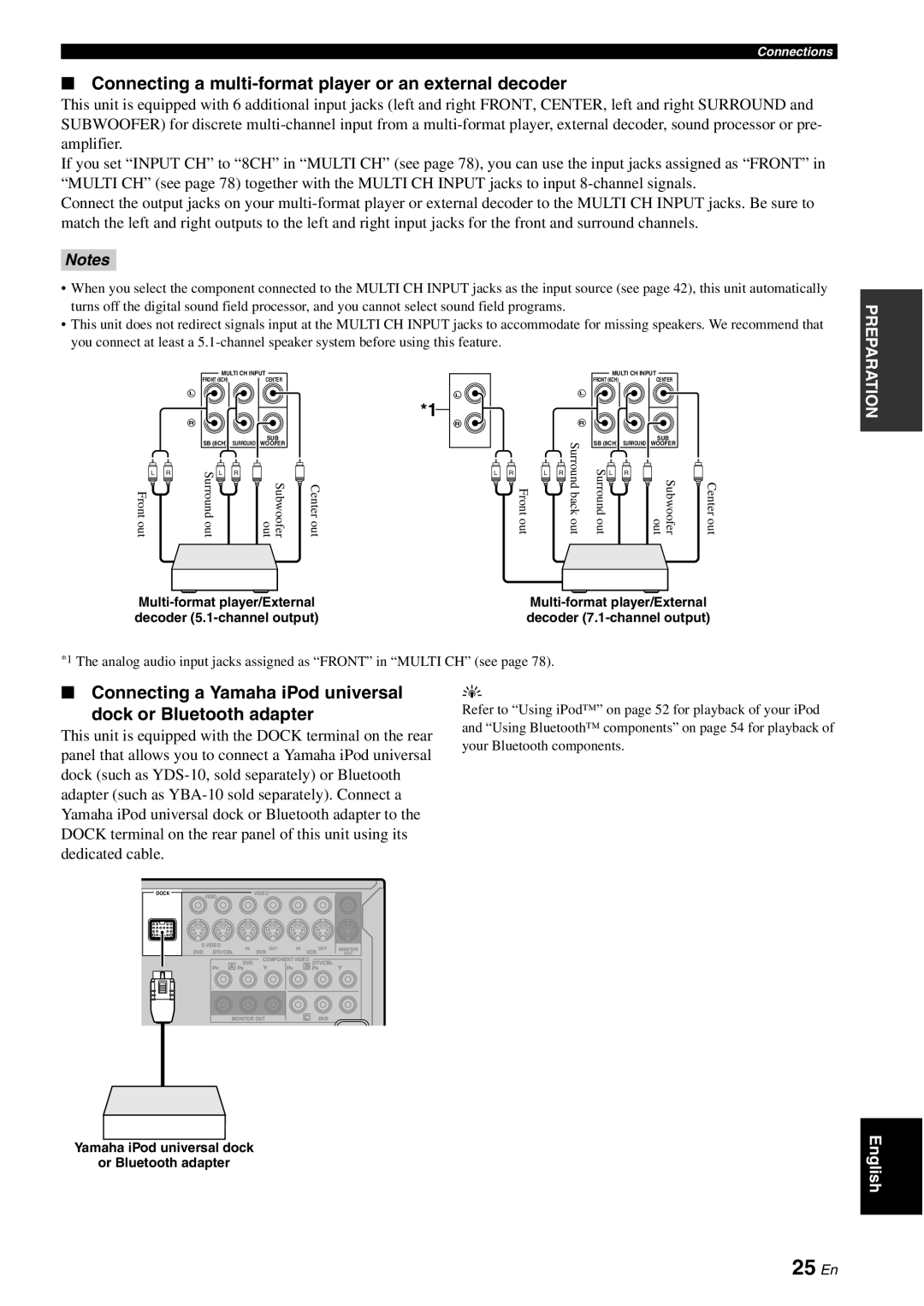 Yamaha DSP-AX863SE owner manual 25 En, Connecting a Yamaha iPod universal, dock or Bluetooth adapter, Notes 