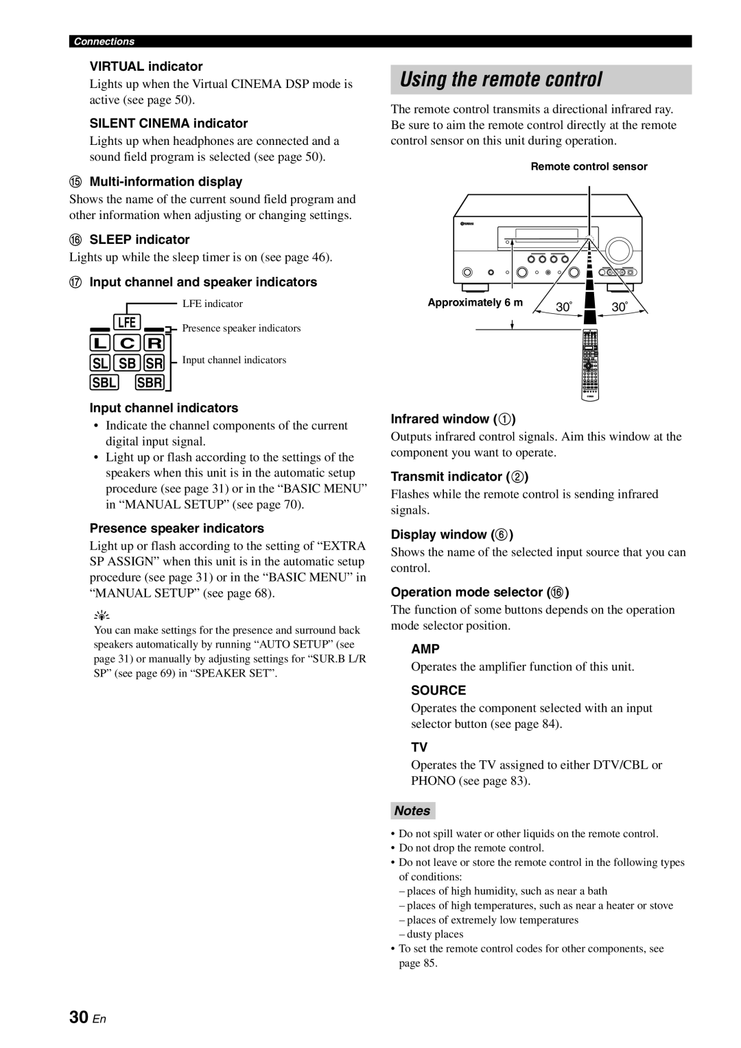 Yamaha DSP-AX863SE Using the remote control, 30 En, L C R, Sl Sb Sr, Sbl Sbr, VIRTUAL indicator, SILENT CINEMA indicator 