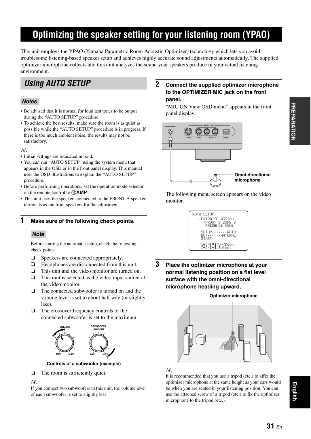 Yamaha DSP-AX863SE owner manual Using AUTO SETUP, 31 En, 1Make sure of the following check points, Notes 