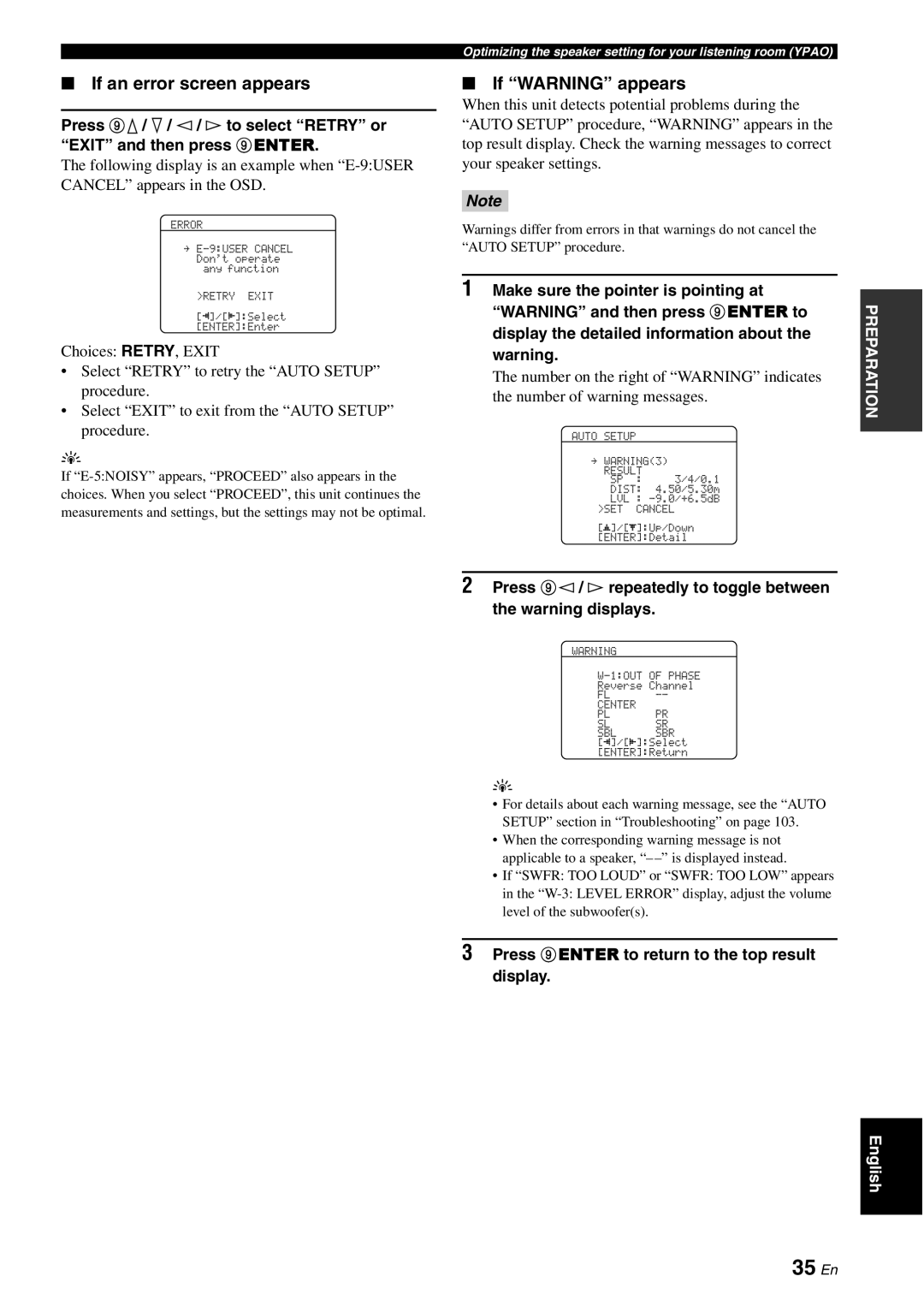 Yamaha DSP-AX863SE owner manual 35 En, If an error screen appears, If “WARNING” appears 