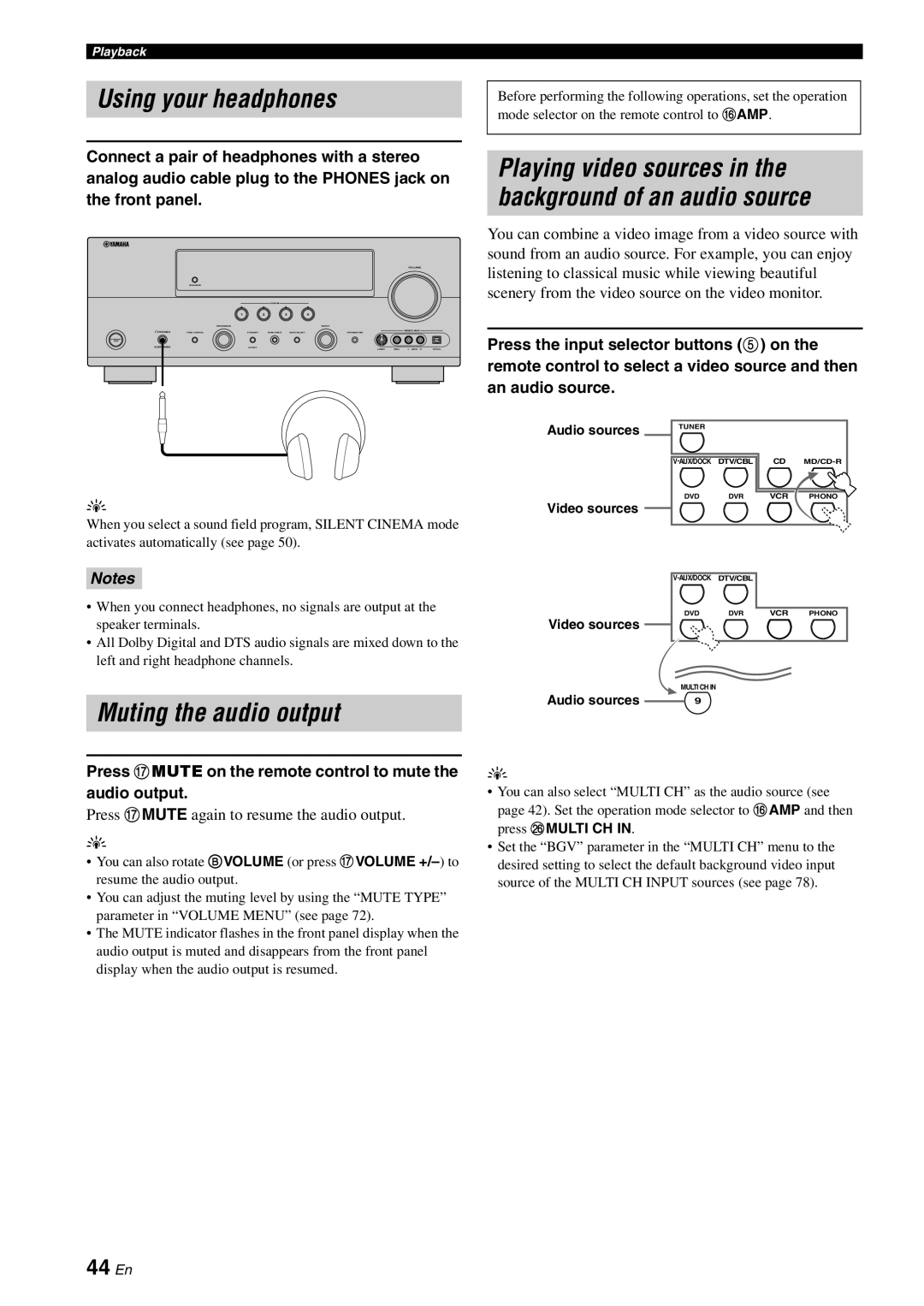 Yamaha DSP-AX863SE owner manual Using your headphones, Muting the audio output, 44 En, Notes 