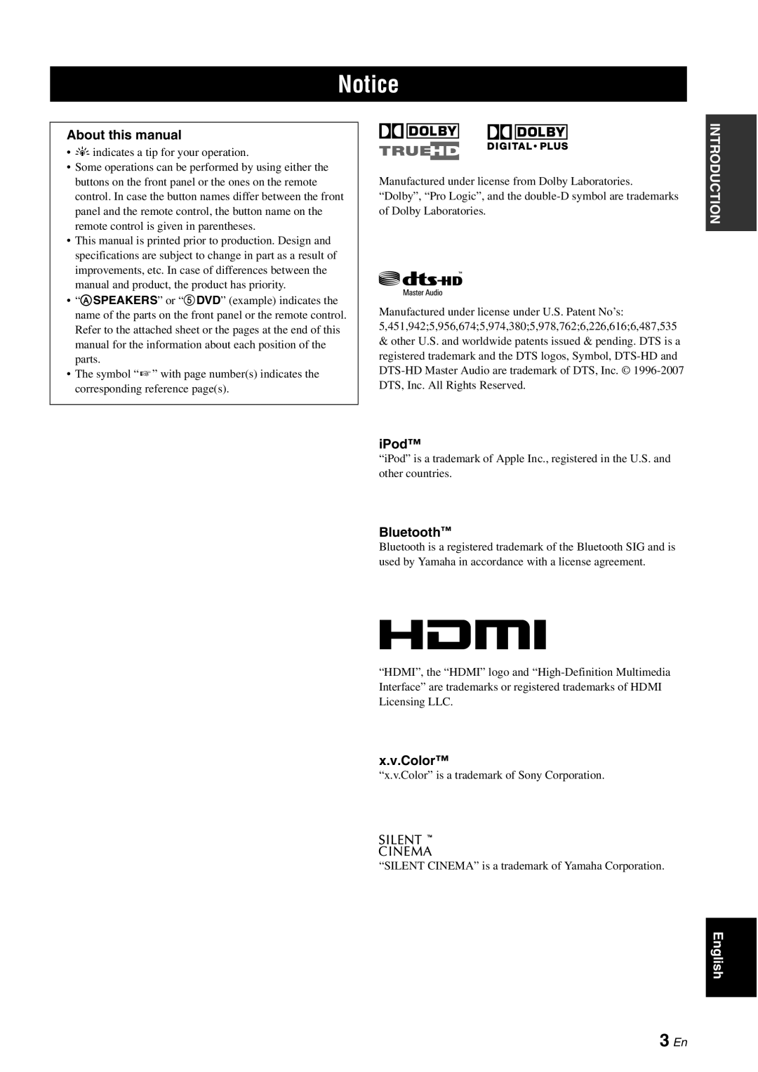 Yamaha DSP-AX863SE owner manual Notice, 3 En, About this manual, iPod, Bluetooth, x.v.Color 