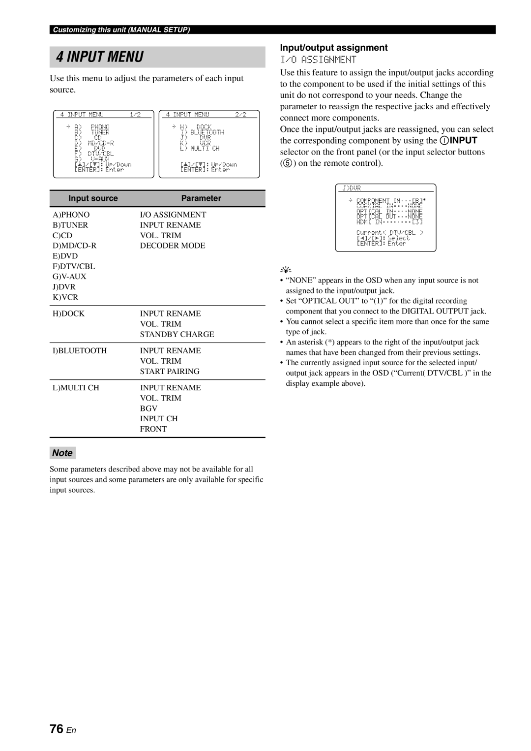 Yamaha DSP-AX863SE owner manual Input Menu, 76 En, Input/output assignment 