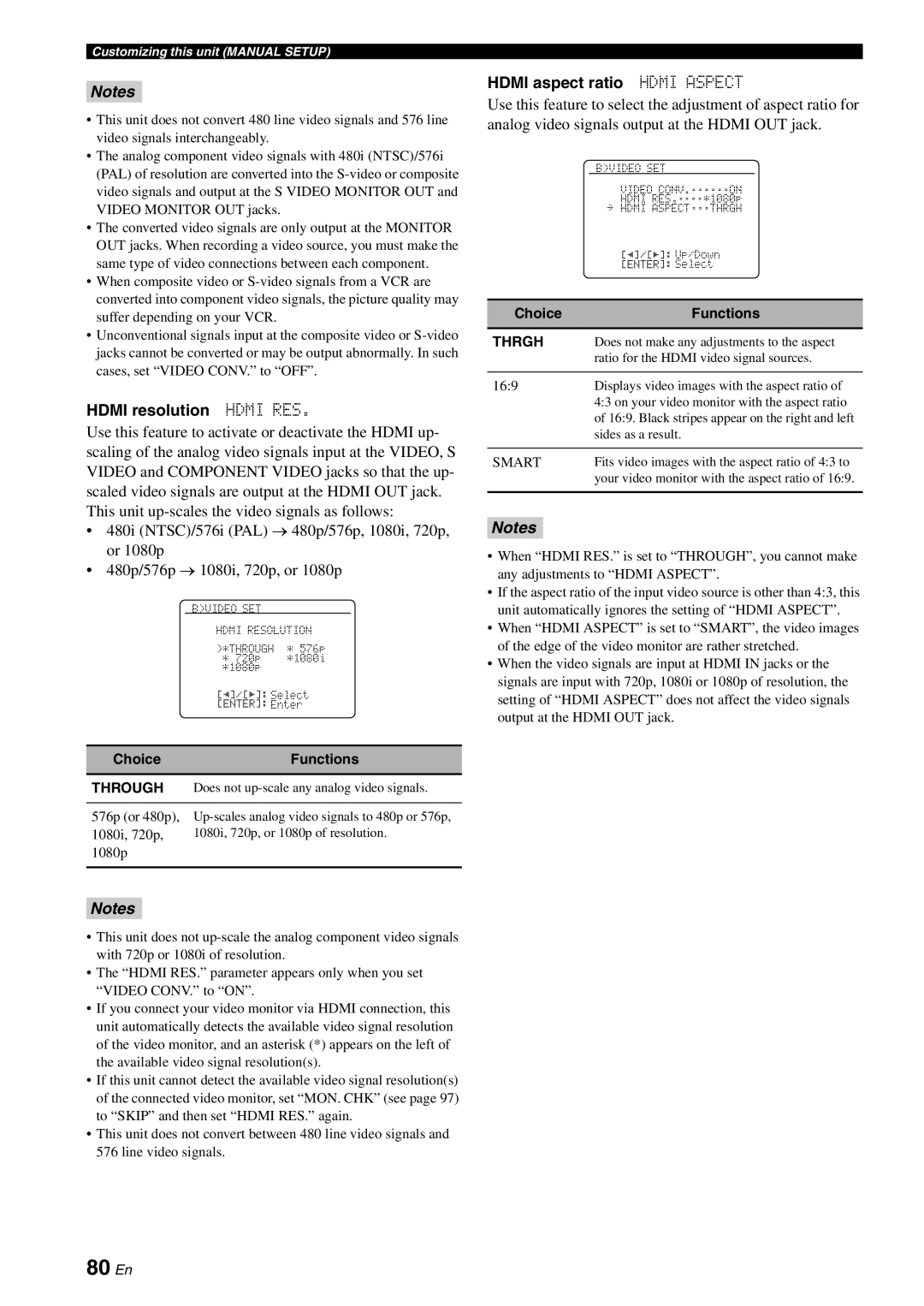 Yamaha DSP-AX863SE owner manual 80 En, HDMI resolution HDMI RES, HDMI aspect ratio HDMI ASPECT, Notes 