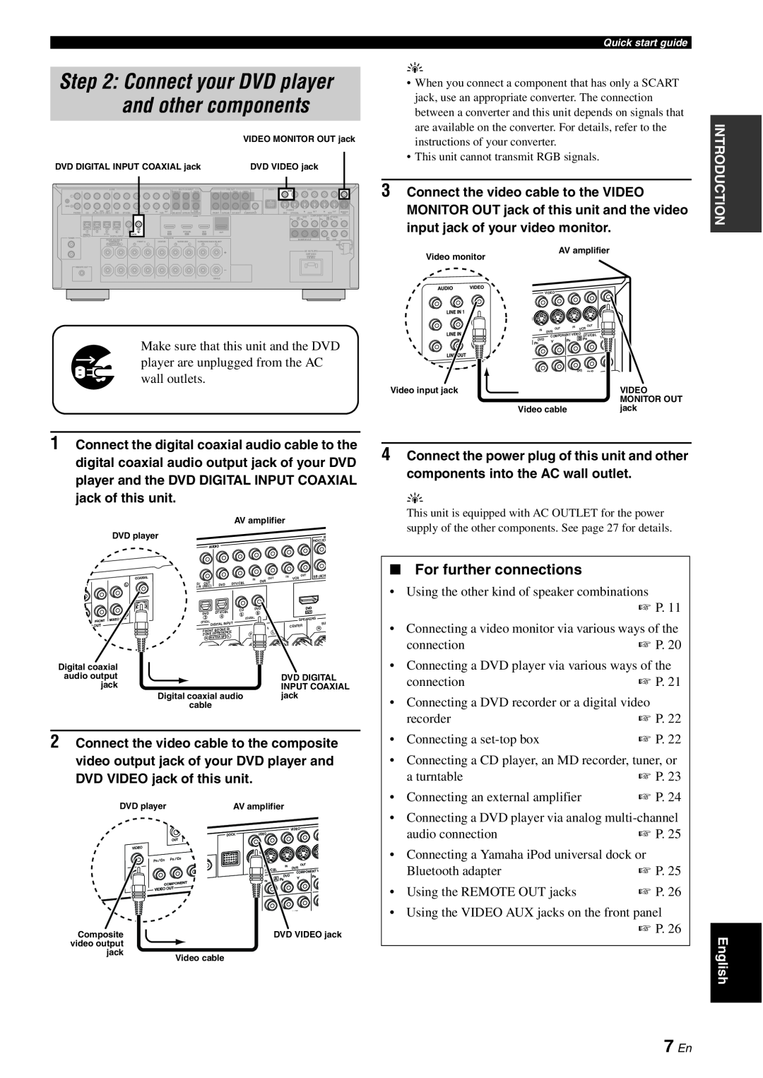 Yamaha DSP-AX863SE owner manual 7 En, For further connections, Connect the power plug of this unit and other 