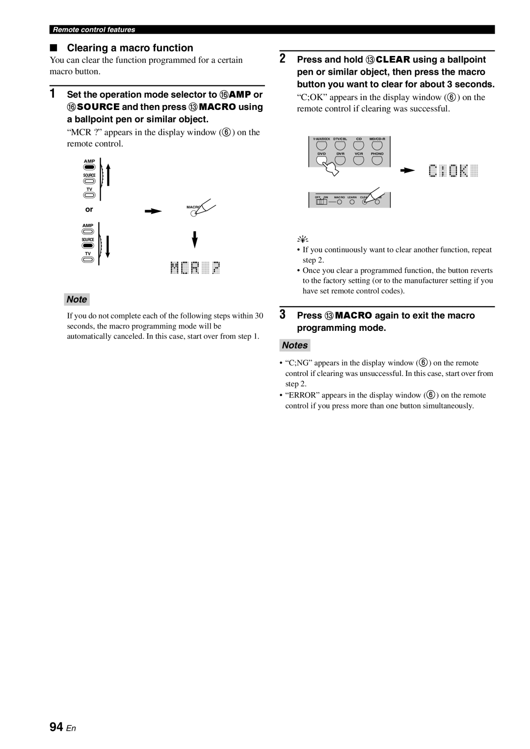 Yamaha DSP-AX863SE owner manual 94 En, Clearing a macro function, a ballpoint pen or similar object, Notes 