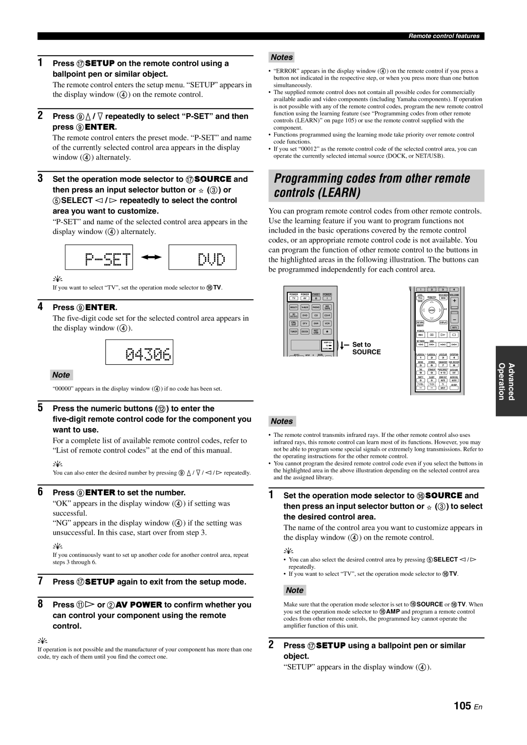 Yamaha DSP-Z11 owner manual P-Set Dvd, 04306, 105 En, Notes, Operation, Advanced 