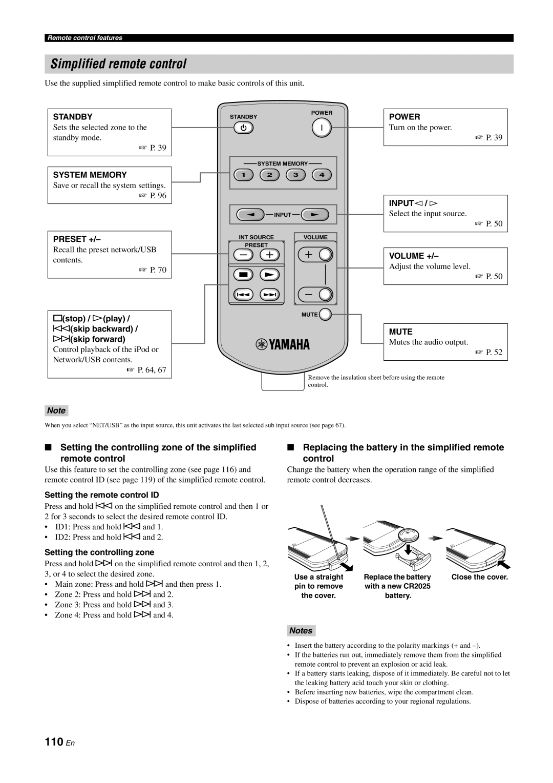 Yamaha DSP-Z11 owner manual Simplified remote control, 110 En, Setting the controlling zone of the simplified 
