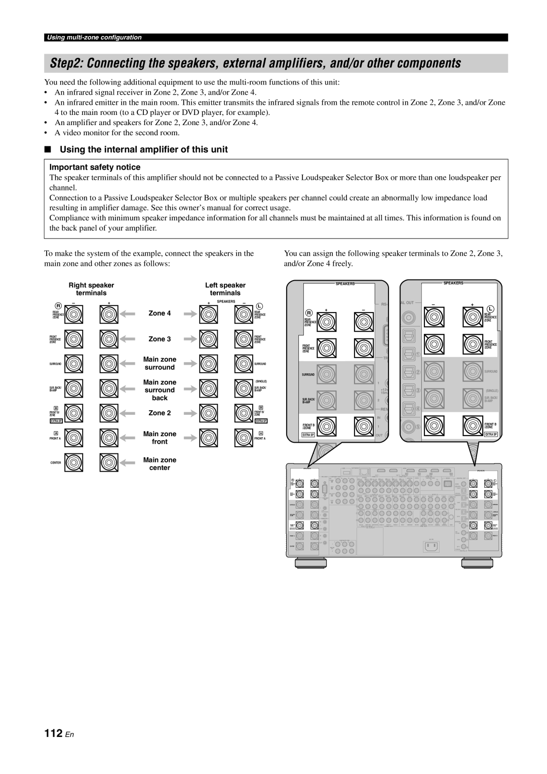 Yamaha DSP-Z11 owner manual 112 En, Using the internal amplifier of this unit 
