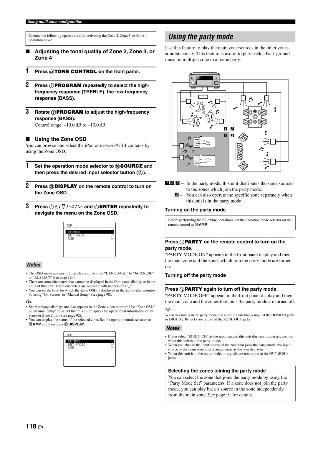 Yamaha DSP-Z11 owner manual Using the party mode, 118 En, Using the Zone OSD, Notes 