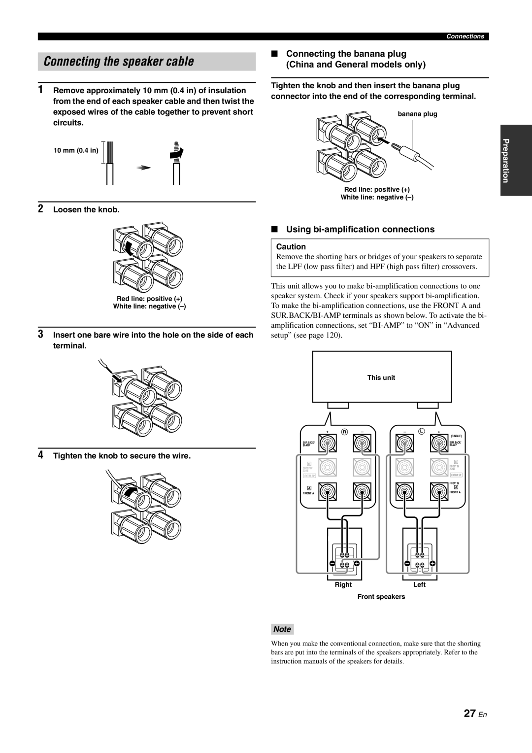 Yamaha DSP-Z11 owner manual Connecting the speaker cable, 27 En, Using bi-amplificationconnections, Preparation 