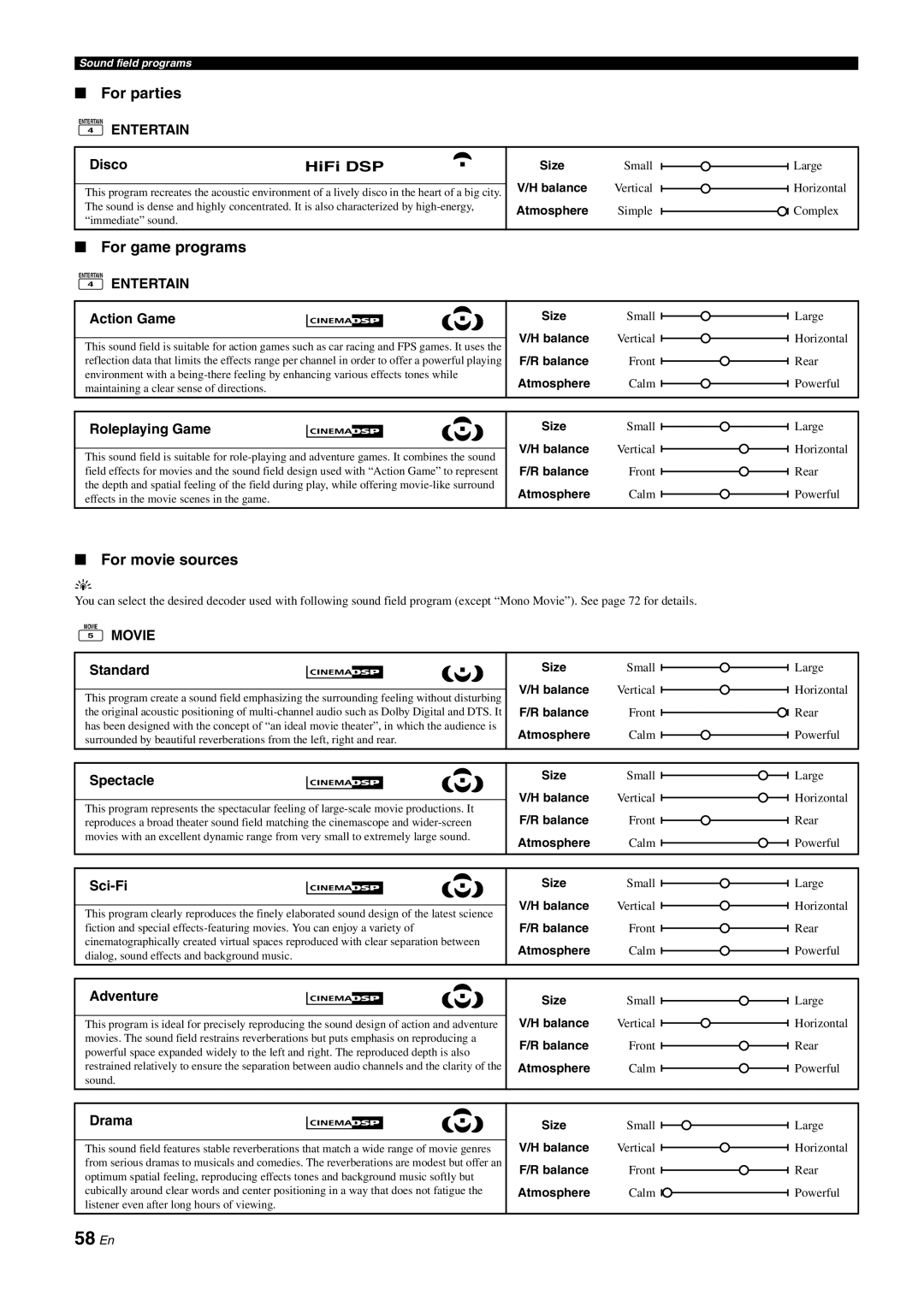 Yamaha DSP-Z11 owner manual 58 En, For parties, For game programs, For movie sources 