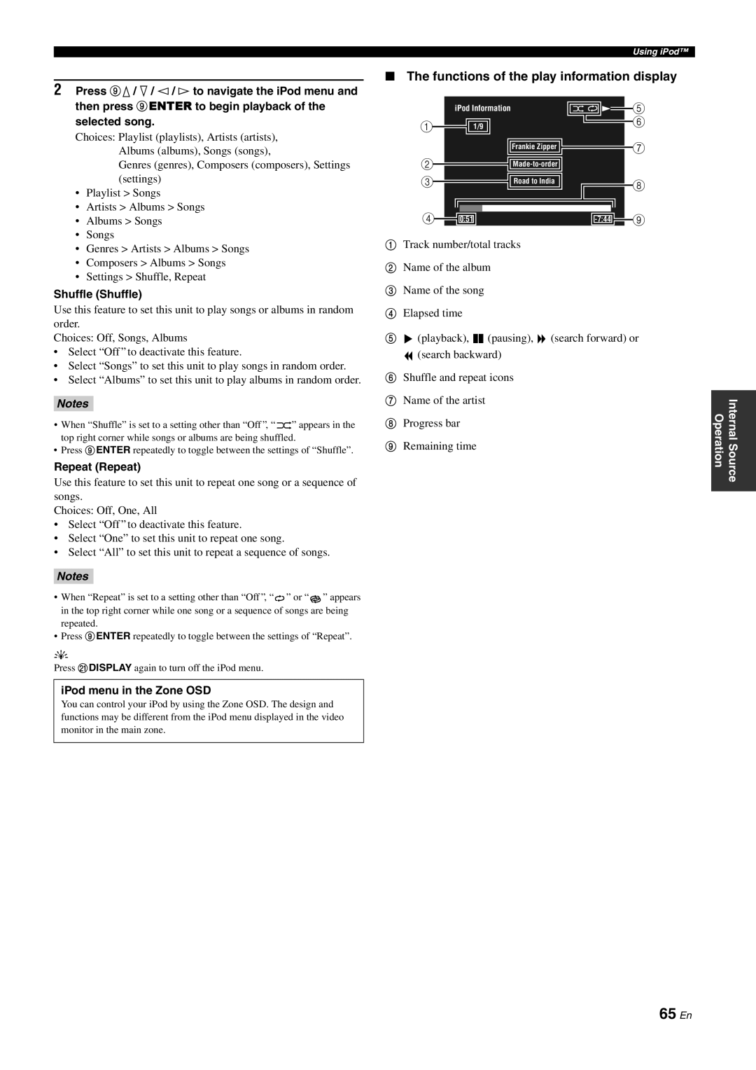 Yamaha DSP-Z11 owner manual 65 En, The functions of the play information display, Notes, Operation 