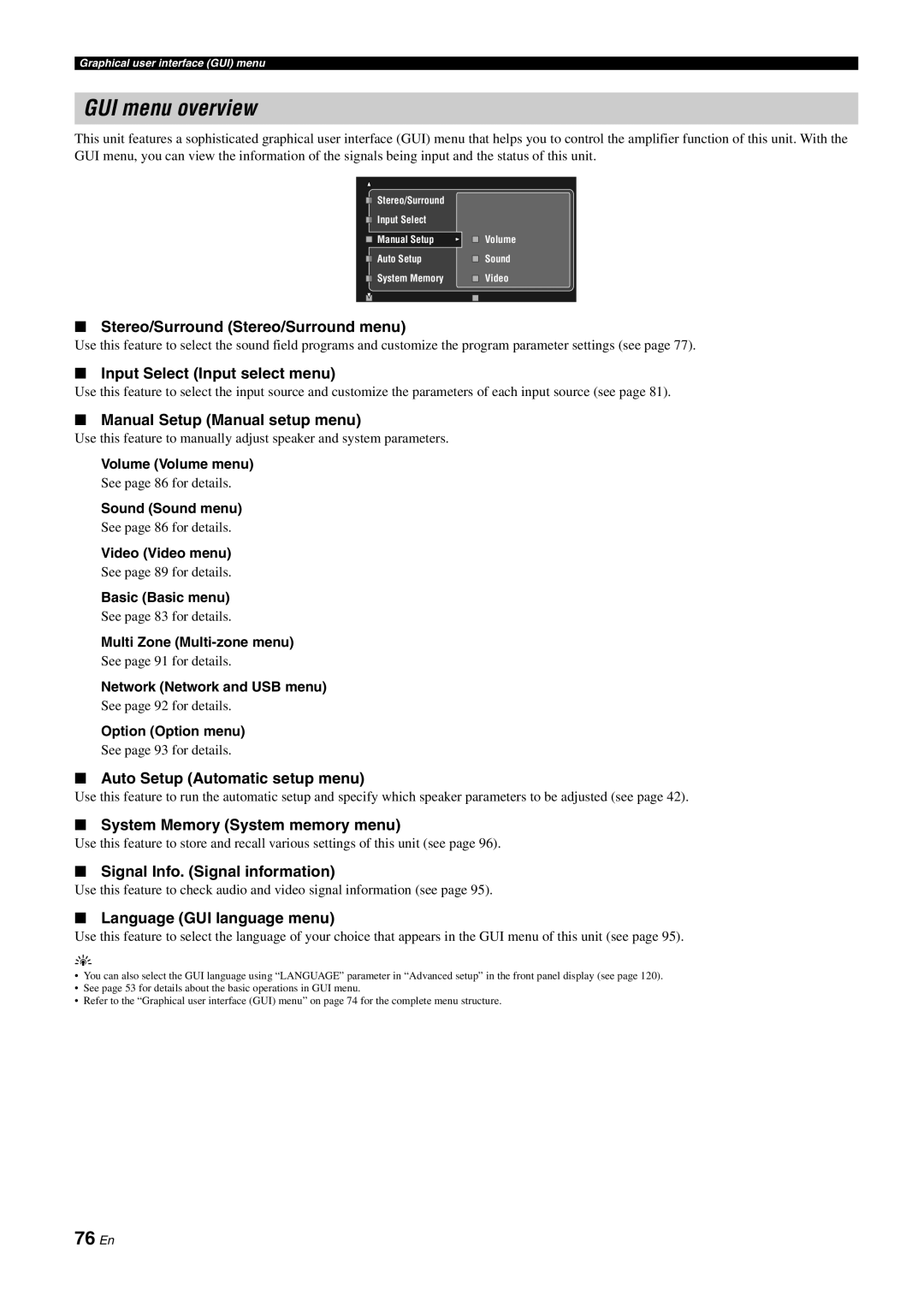 Yamaha DSP-Z11 owner manual GUI menu overview, 76 En, Stereo/Surround Stereo/Surround menu, Input Select Input select menu 